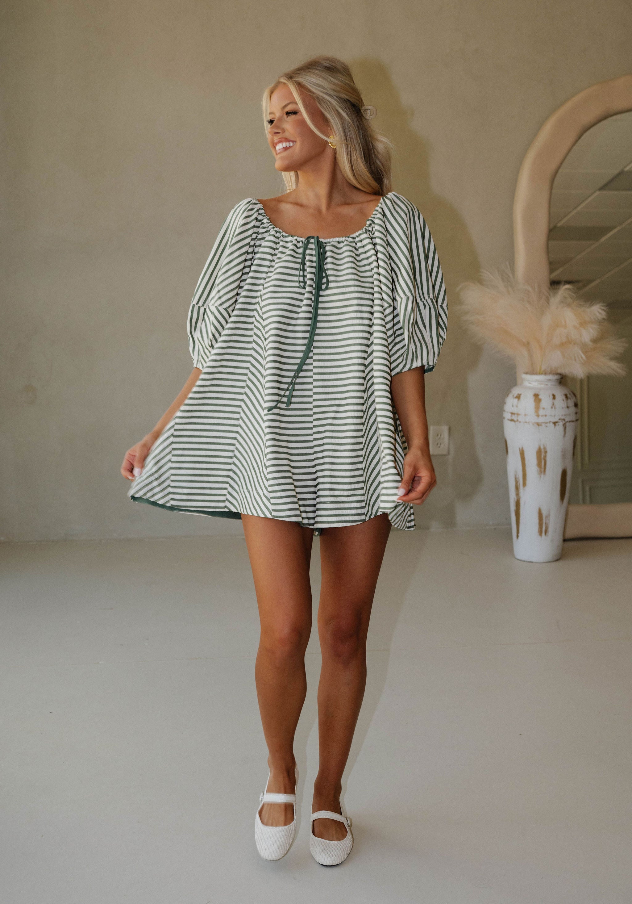 Monica Romper-Green Stripe