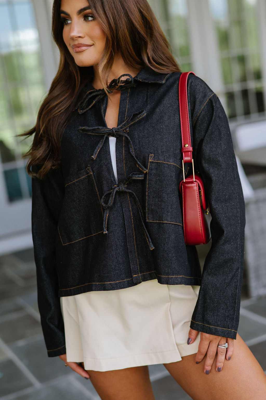 Leo Denim Front Tie Top-Black