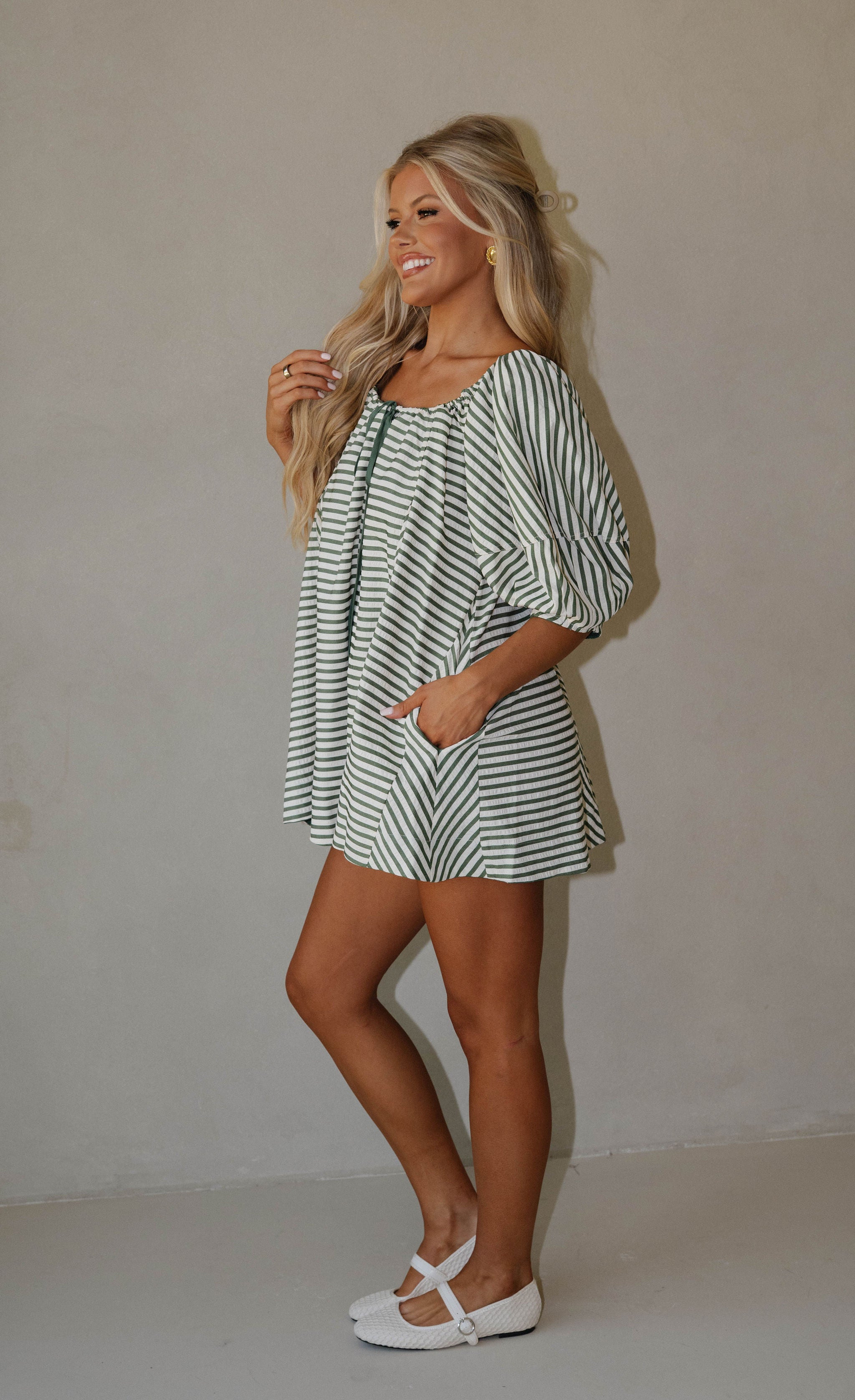 Monica Romper-Green Stripe