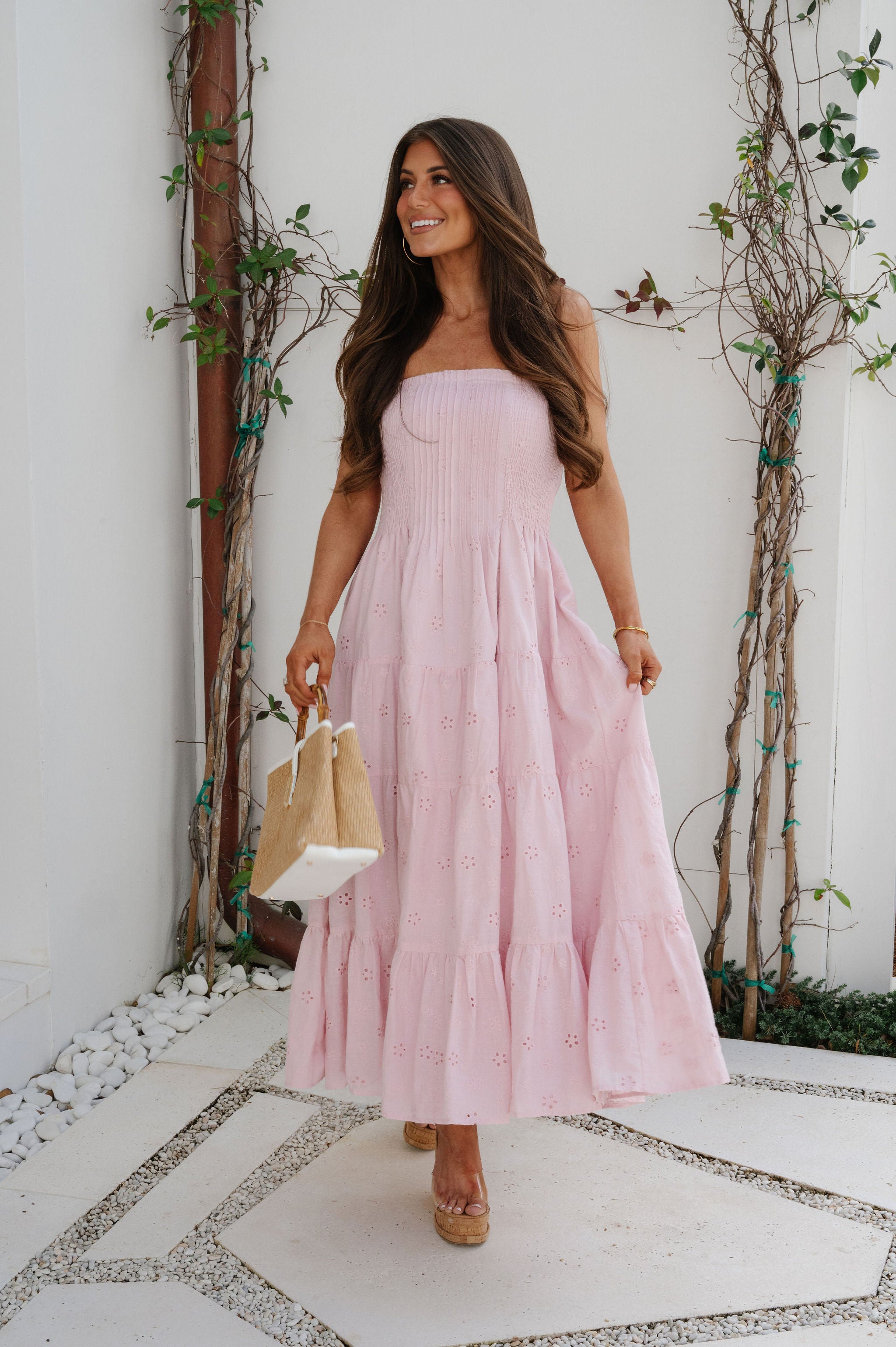 Emory Eyelet Strapless Maxi Dress-Pink