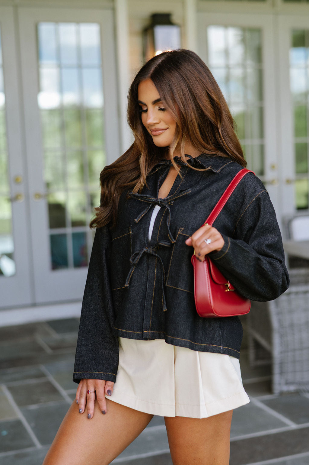 Leo Denim Front Tie Top-Black