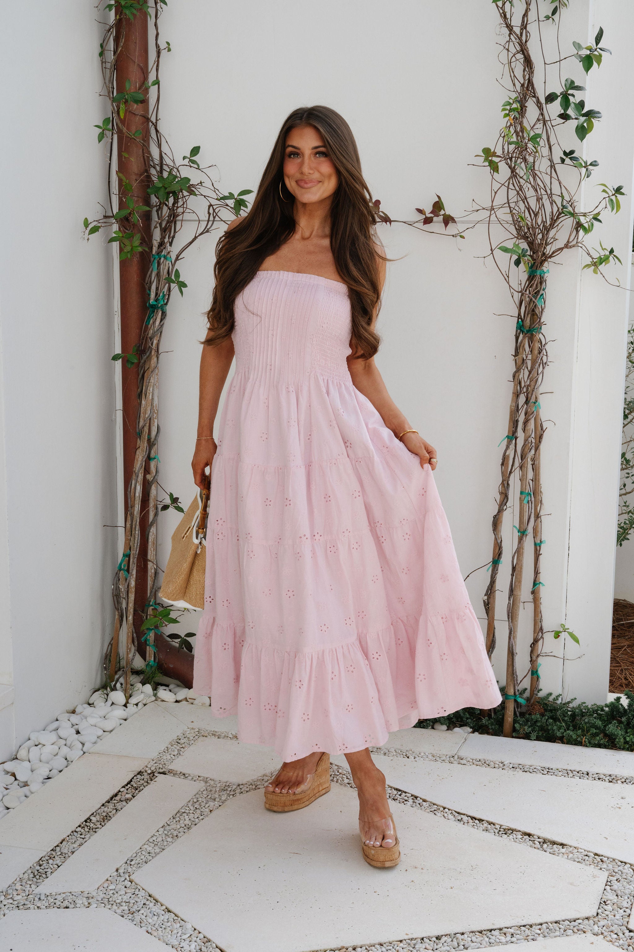 Emory Eyelet Strapless Maxi Dress-Pink