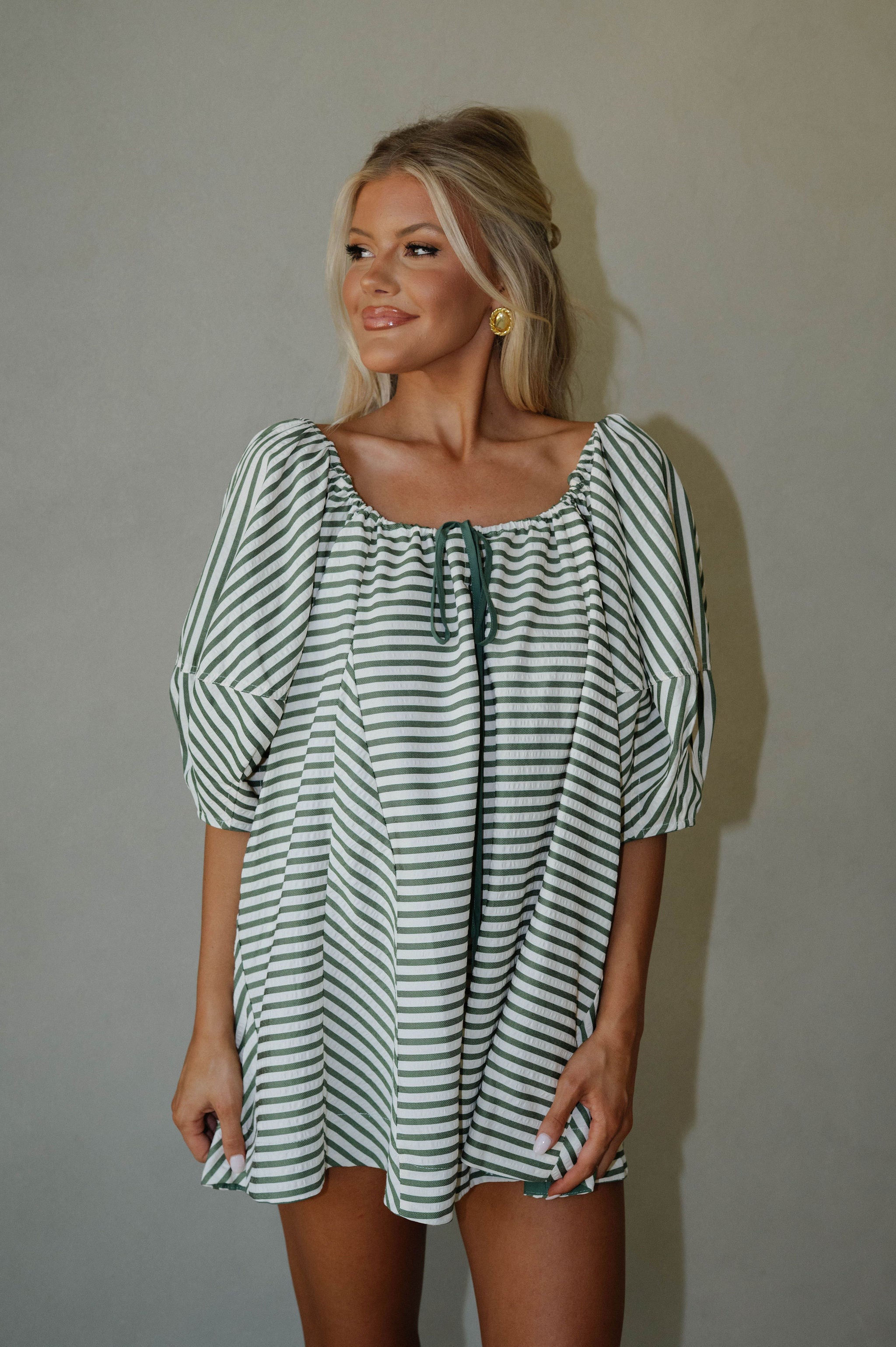 Monica Romper-Green Stripe