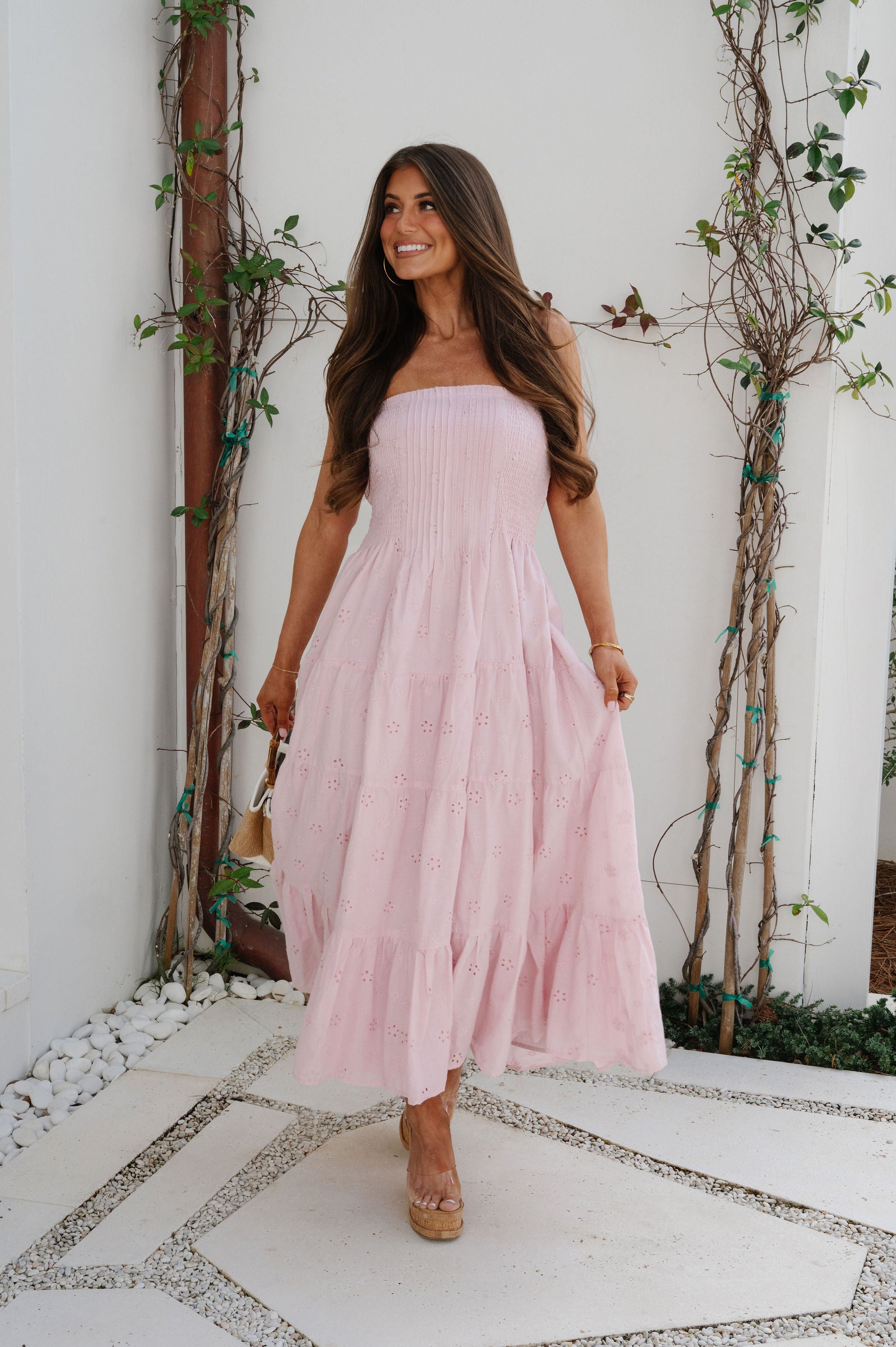 Emory Eyelet Strapless Maxi Dress-Pink