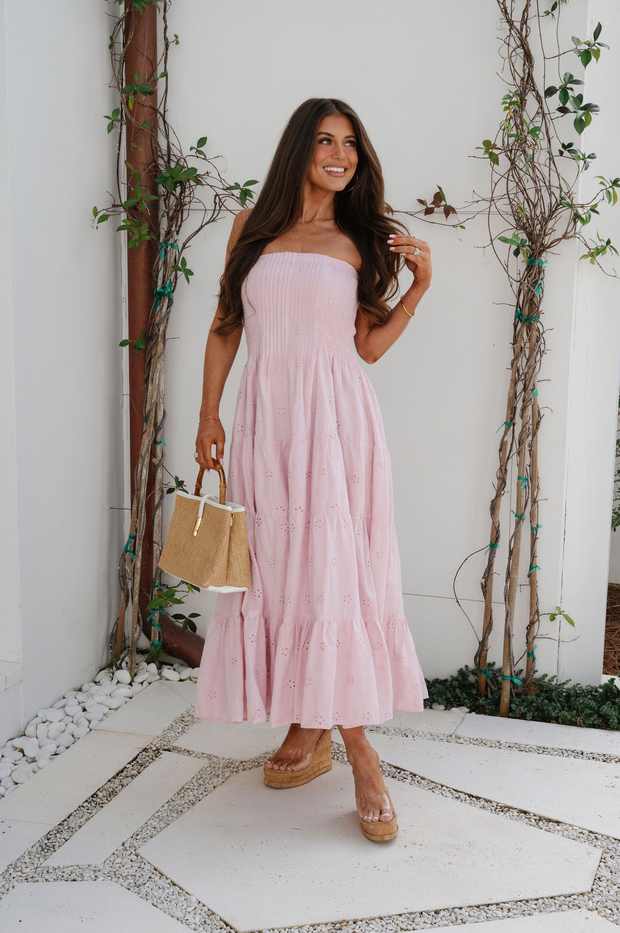 Emory Eyelet Strapless Maxi Dress-Pink