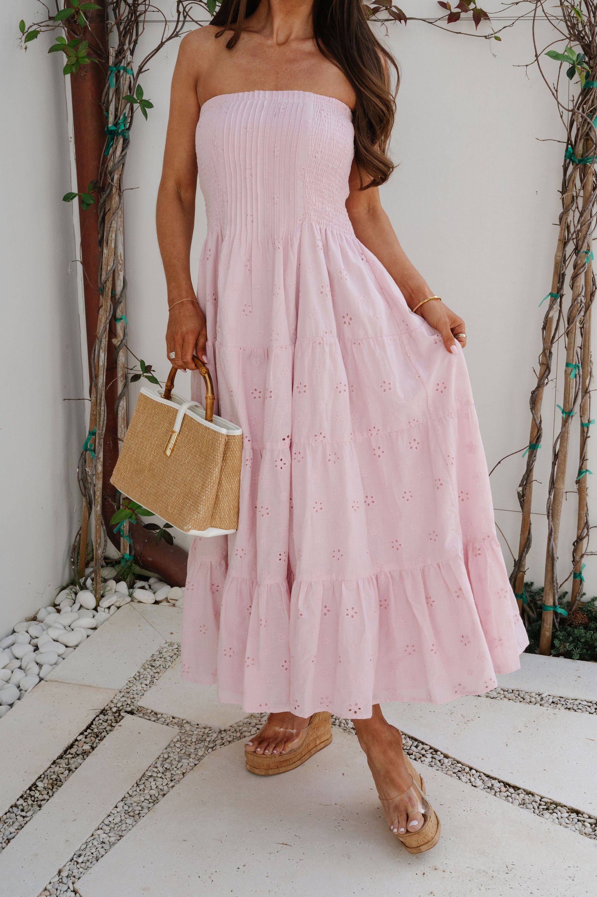 Emory Eyelet Strapless Maxi Dress-Pink