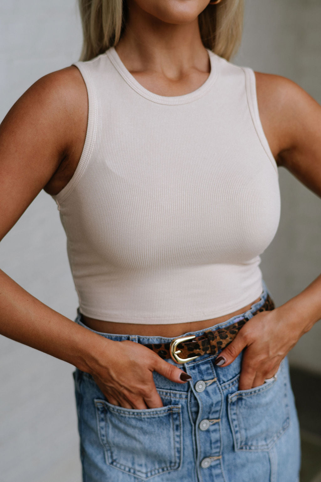 Round Neck Ribbed Crop Top-Taupe