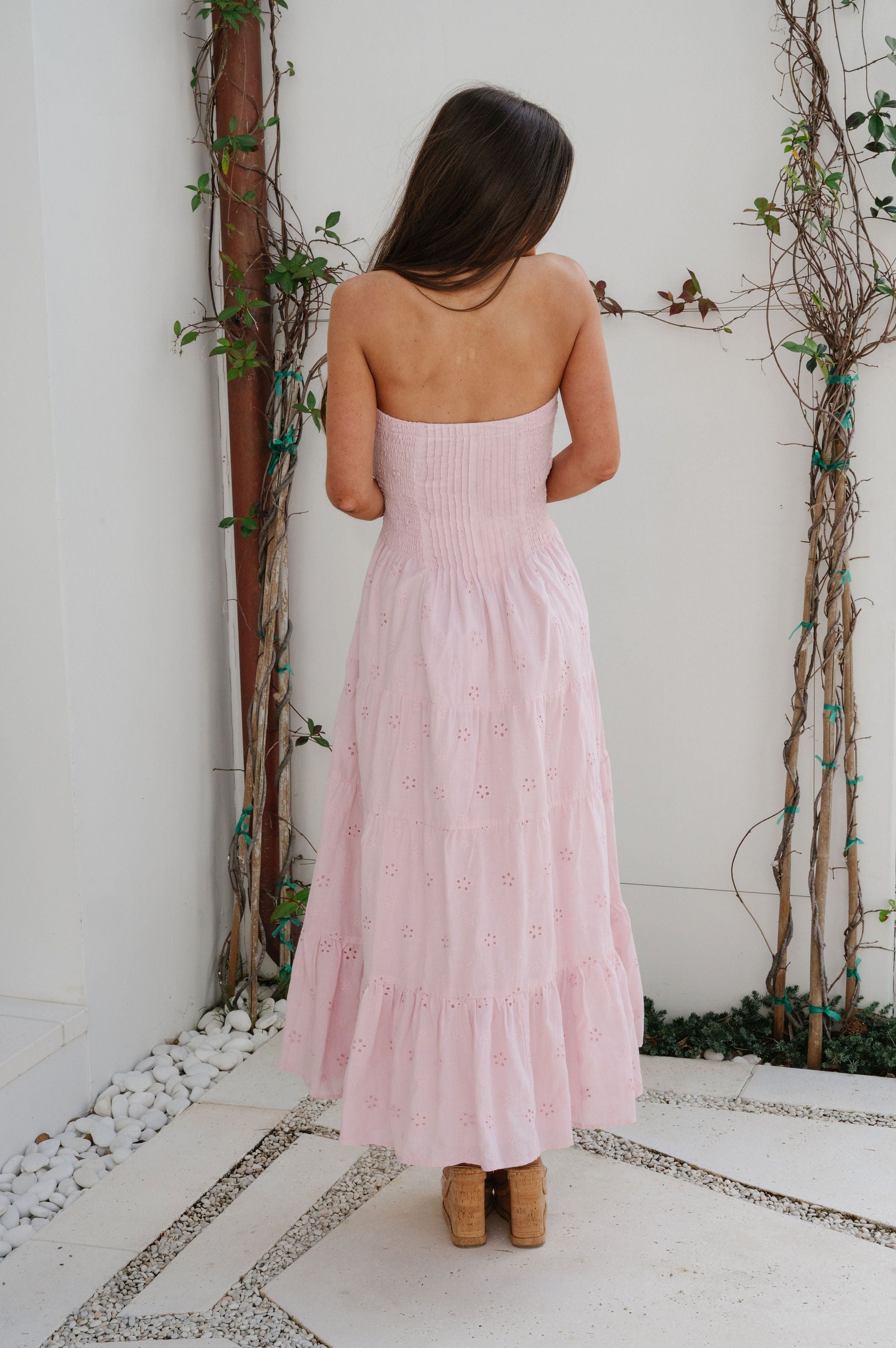 Emory Eyelet Strapless Maxi Dress-Pink