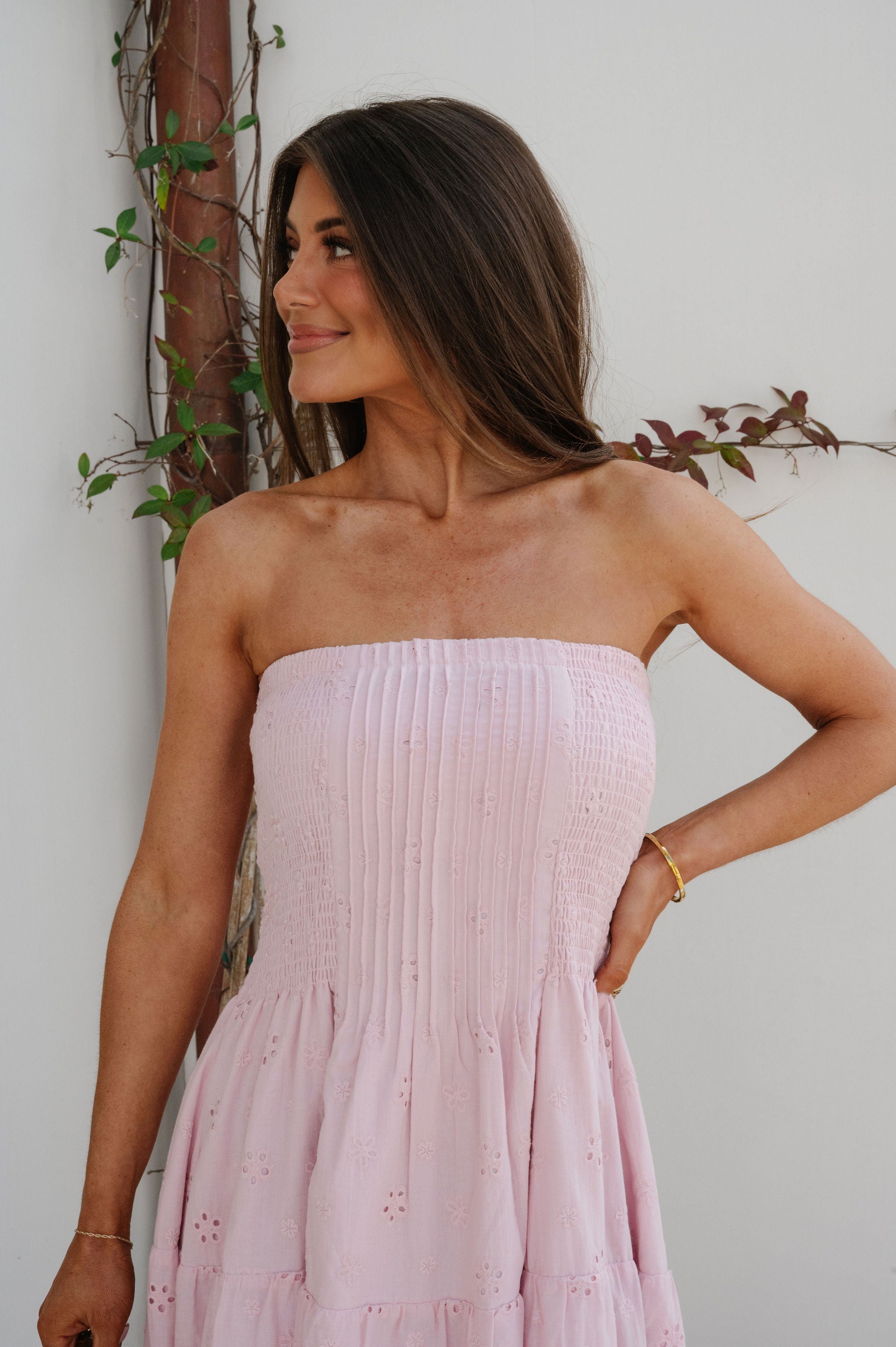 Emory Eyelet Strapless Maxi Dress-Pink