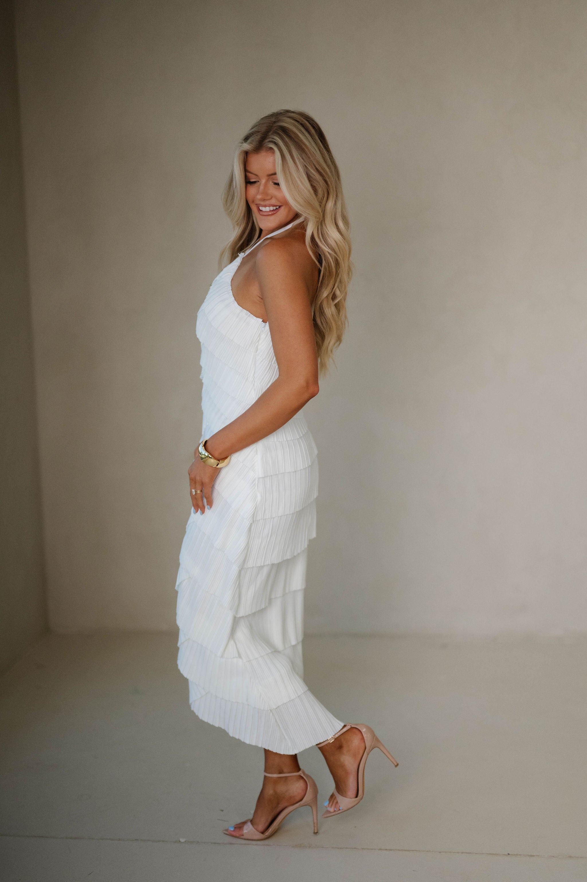 Pleated Halter Midi Dress-Off White