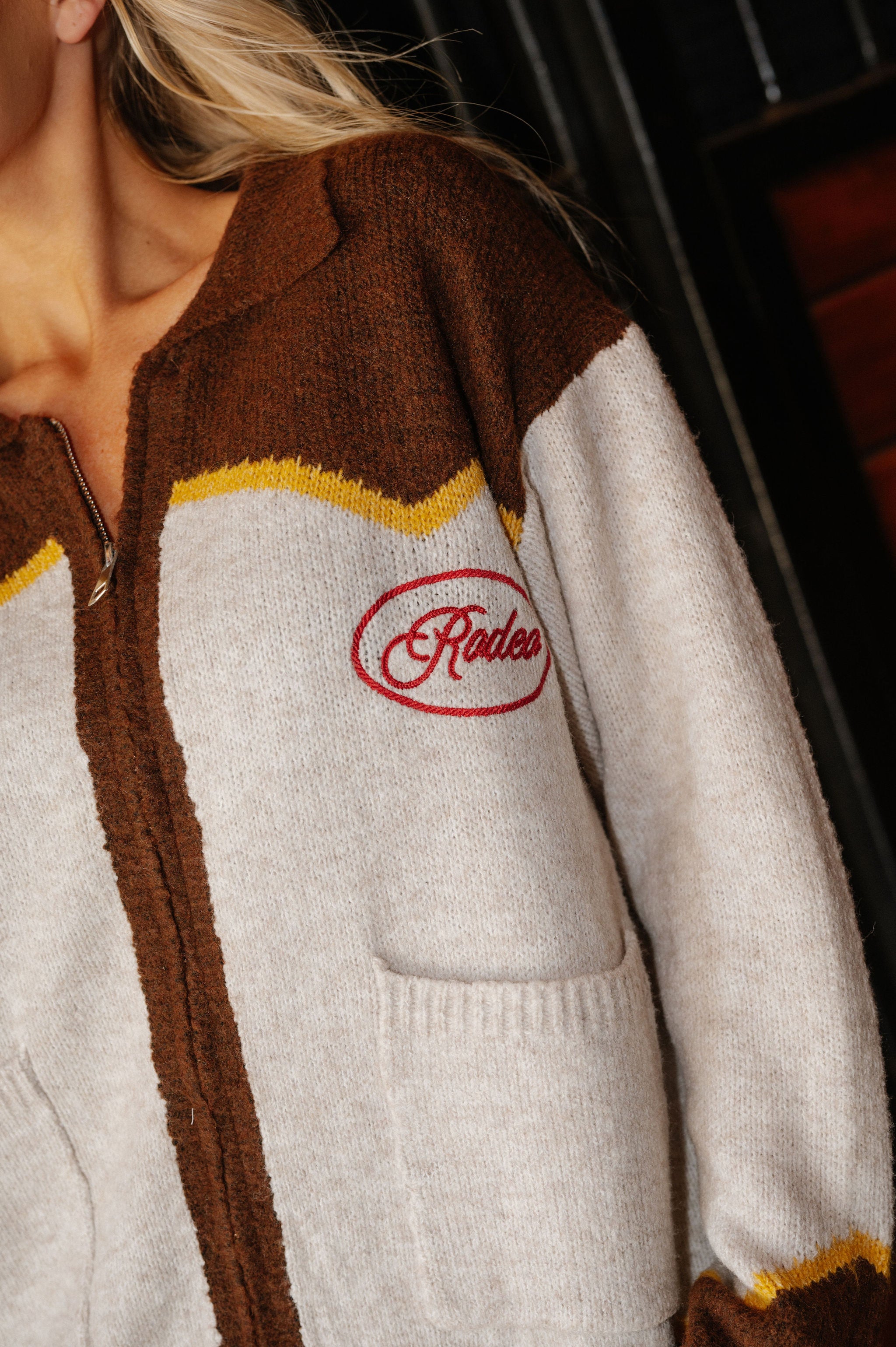 Rodeo Embroidered Graphic Zip Cardigan-Oatmeal