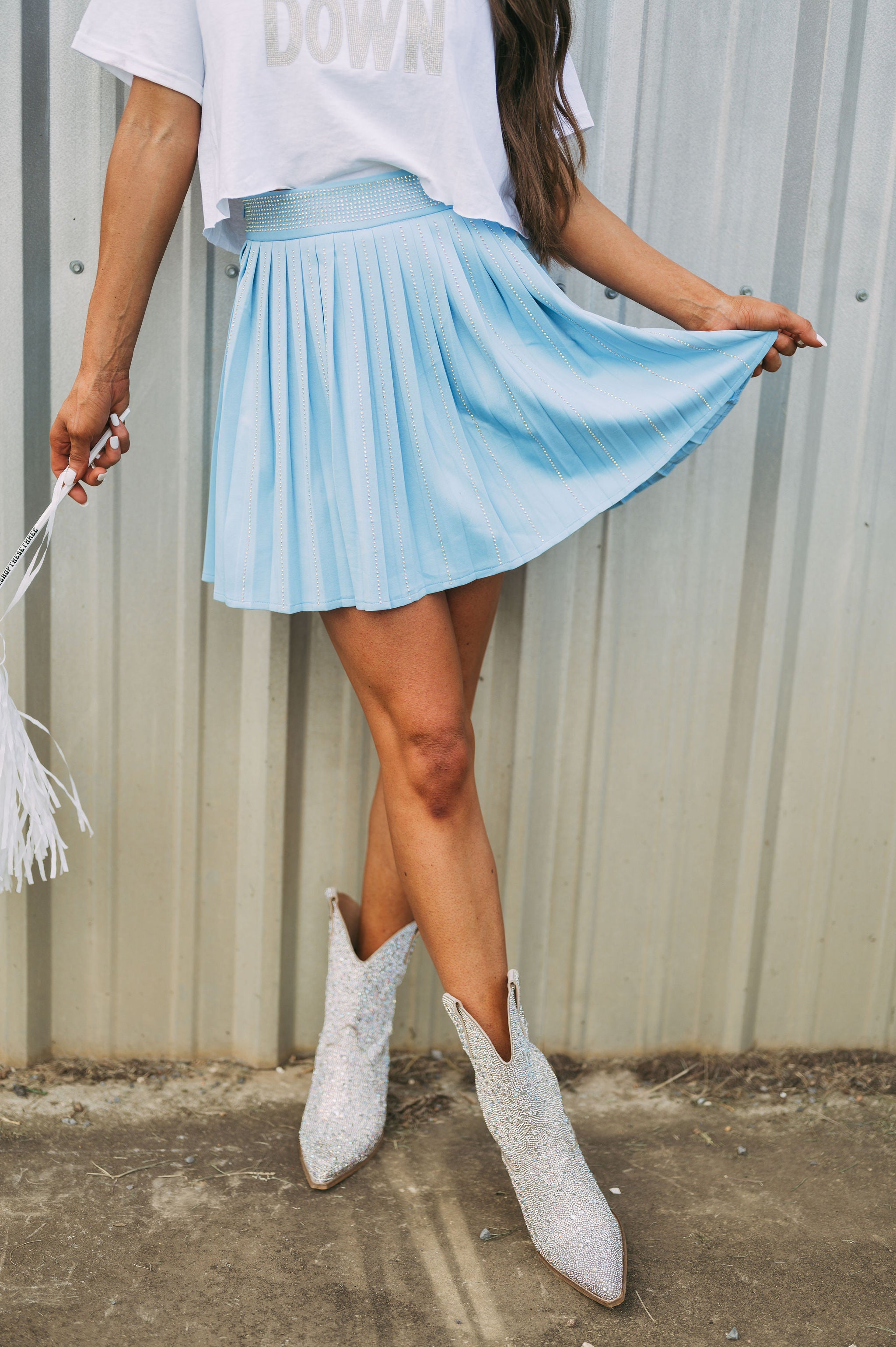 Pleated Embellished Skirt-Light Blue