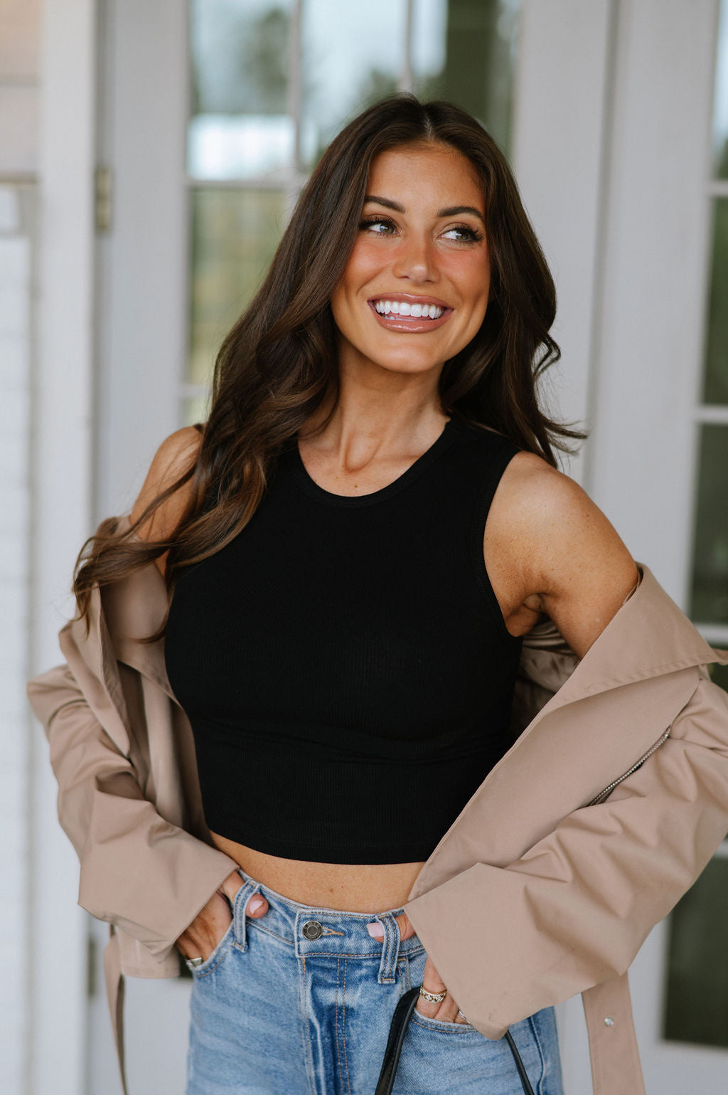 Round Neck Ribbed Crop Top- Black