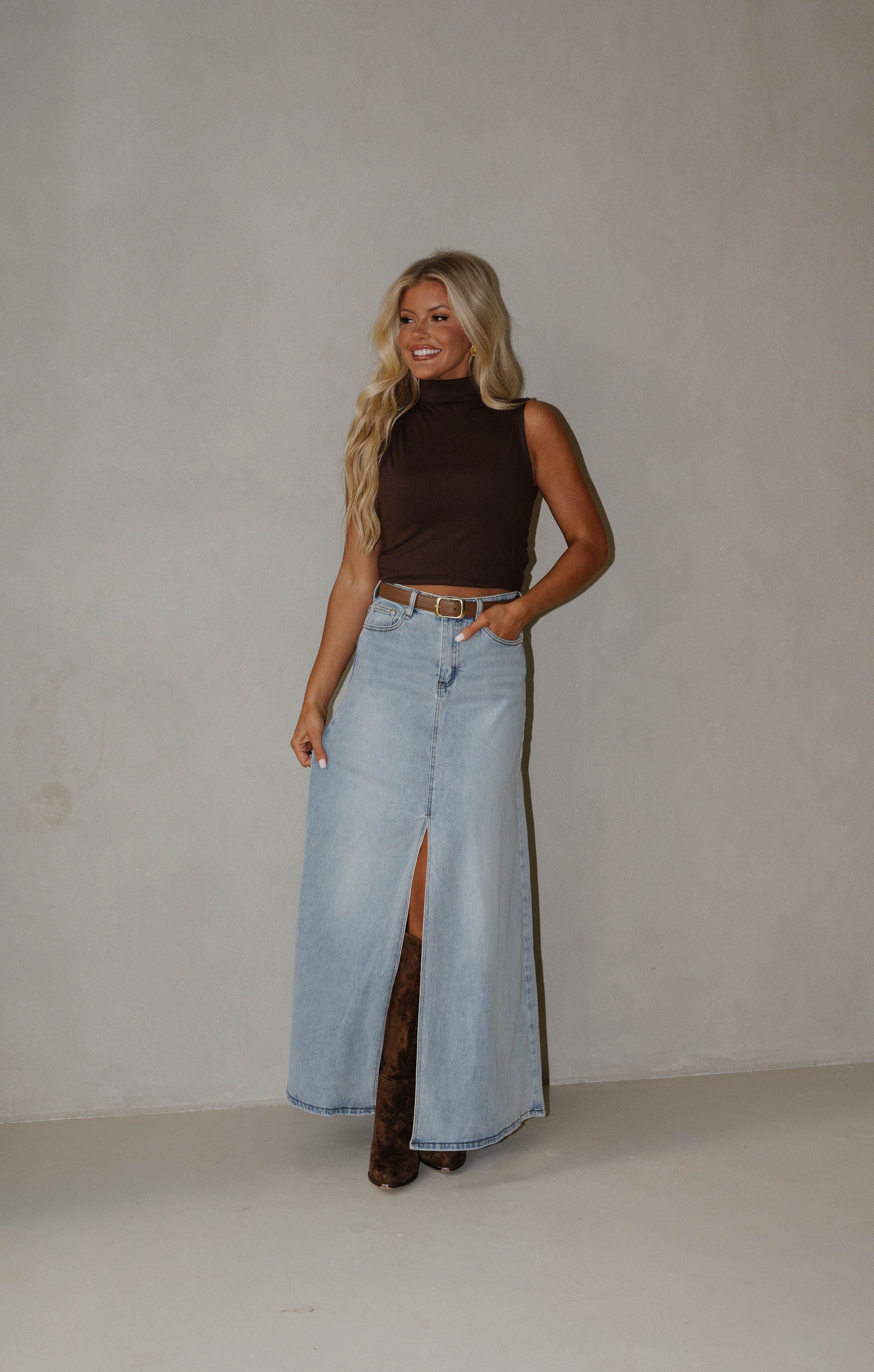 Split Hem Denim Maxi Skirt