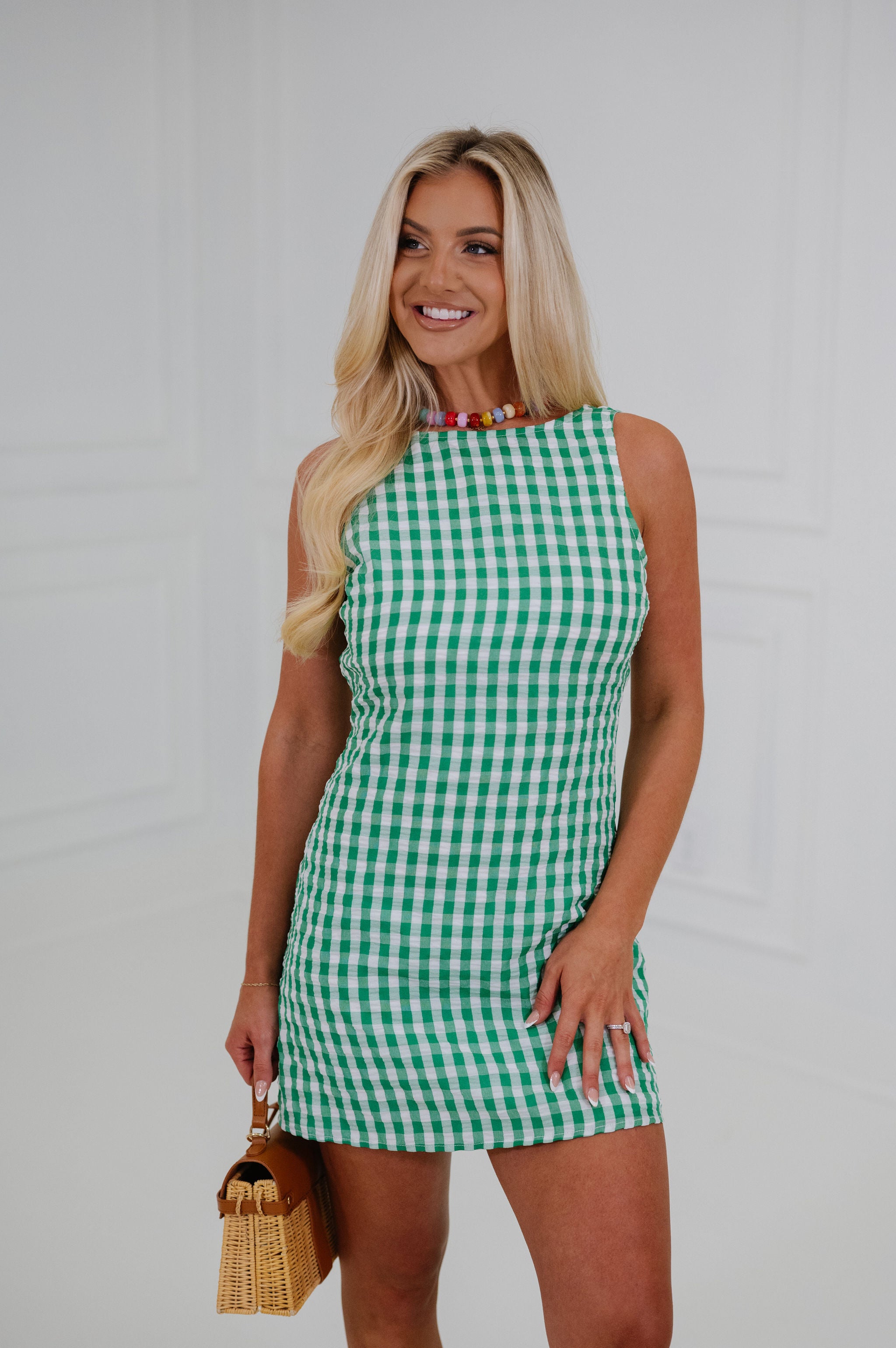 Leigh Gingham Mini Shift Dress-Green/White