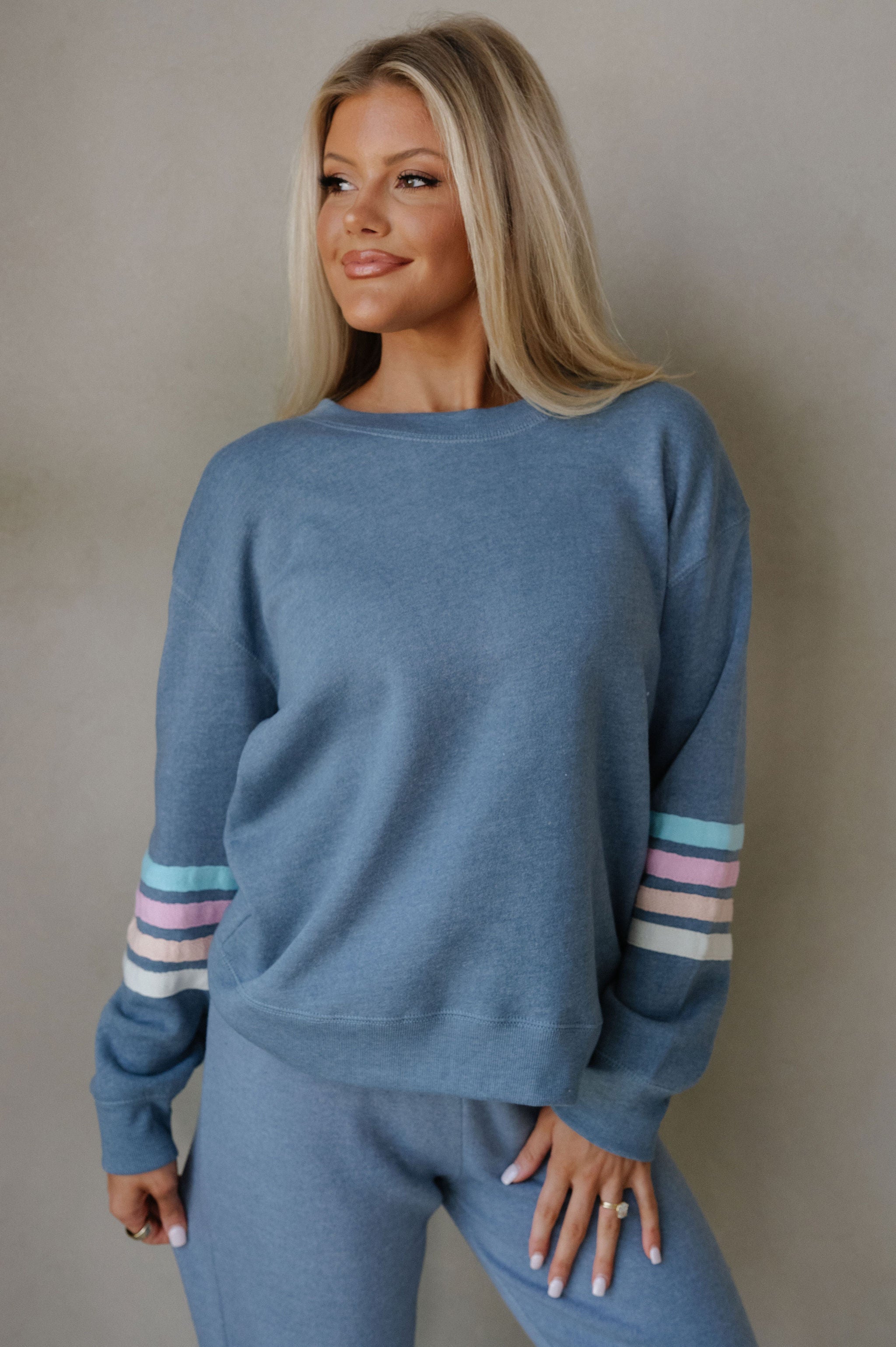 Adler Striped Fleece Crewneck-Denim