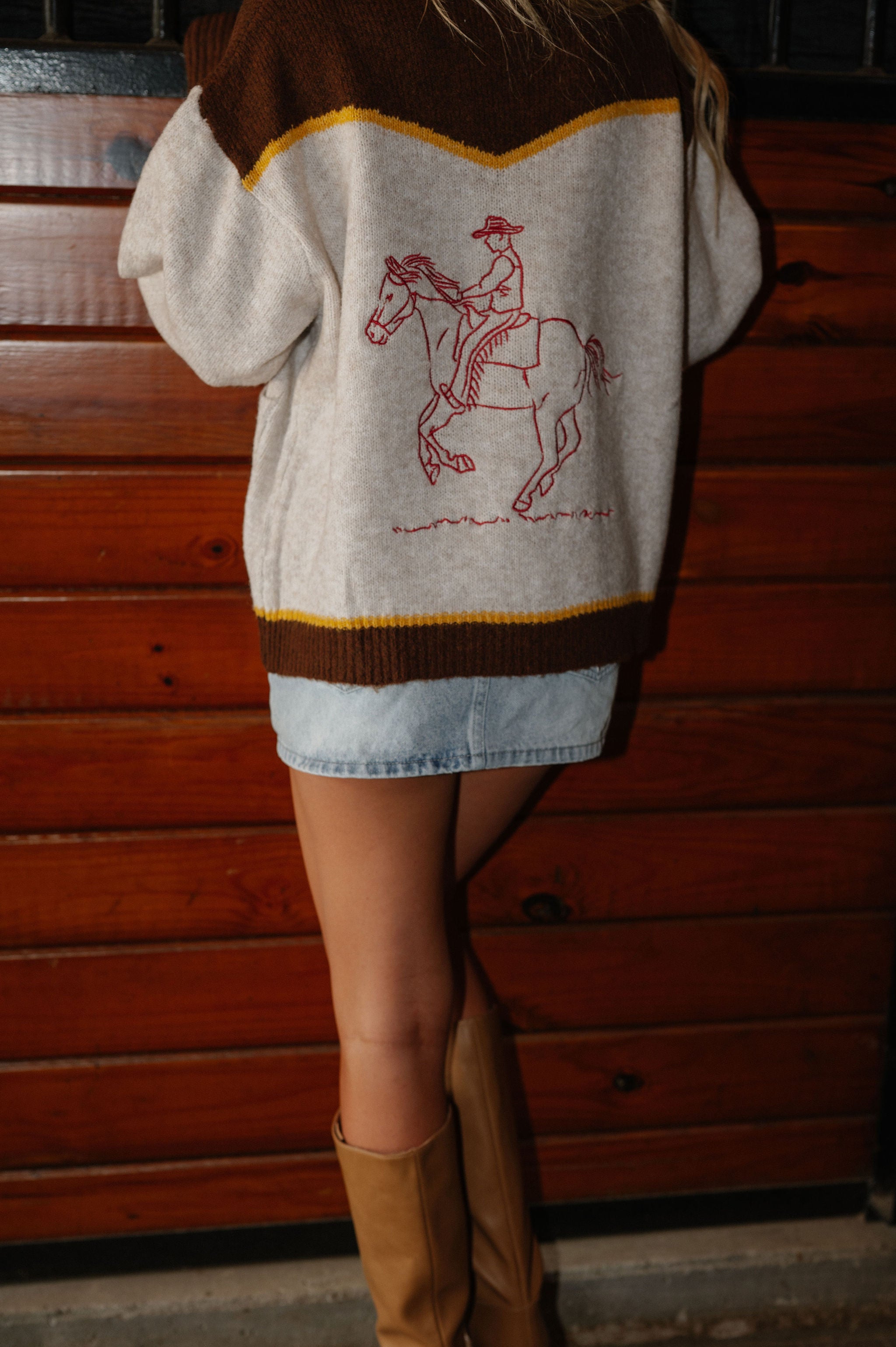 Rodeo Embroidered Graphic Zip Cardigan-Oatmeal