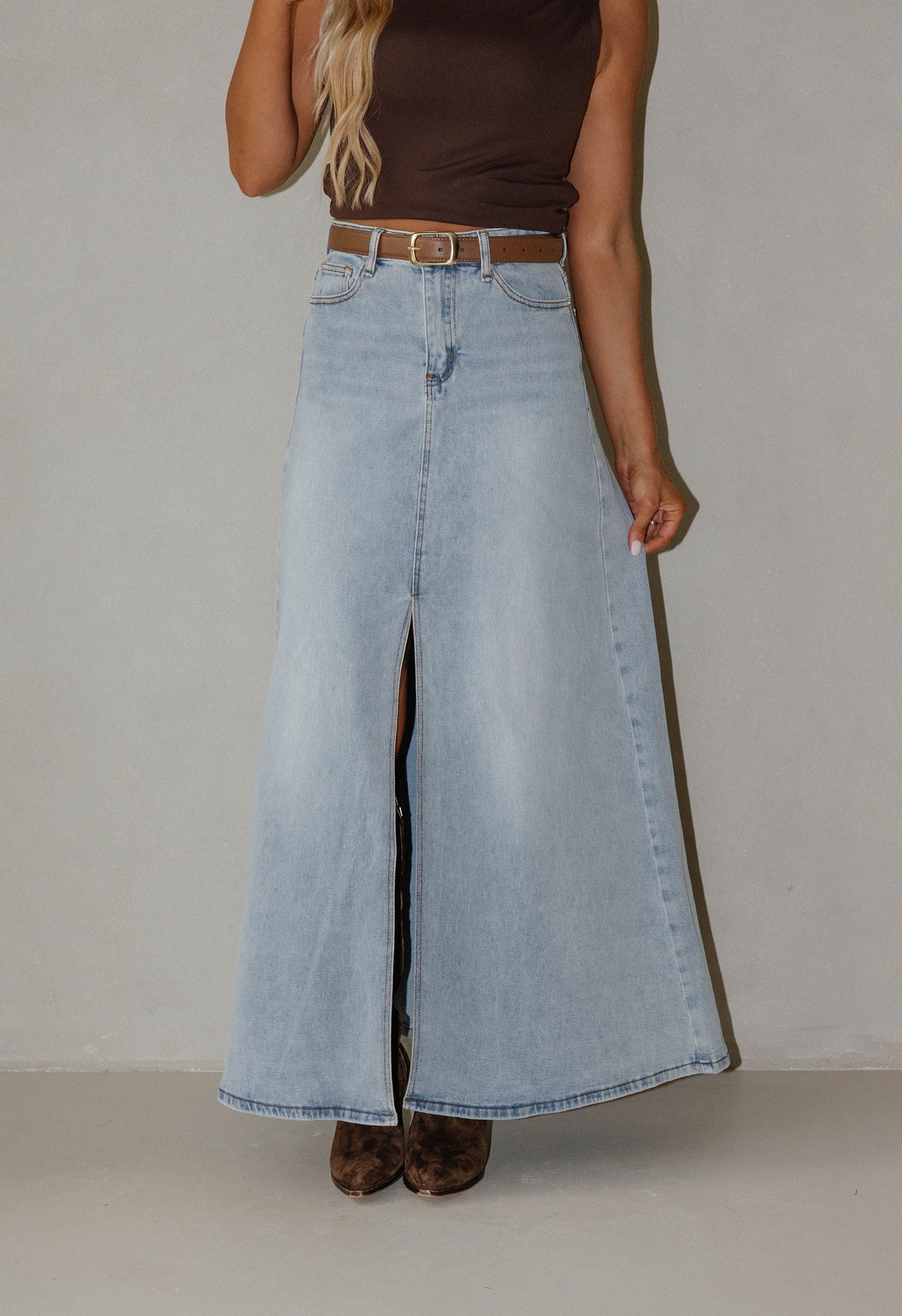 Split Hem Denim Maxi Skirt