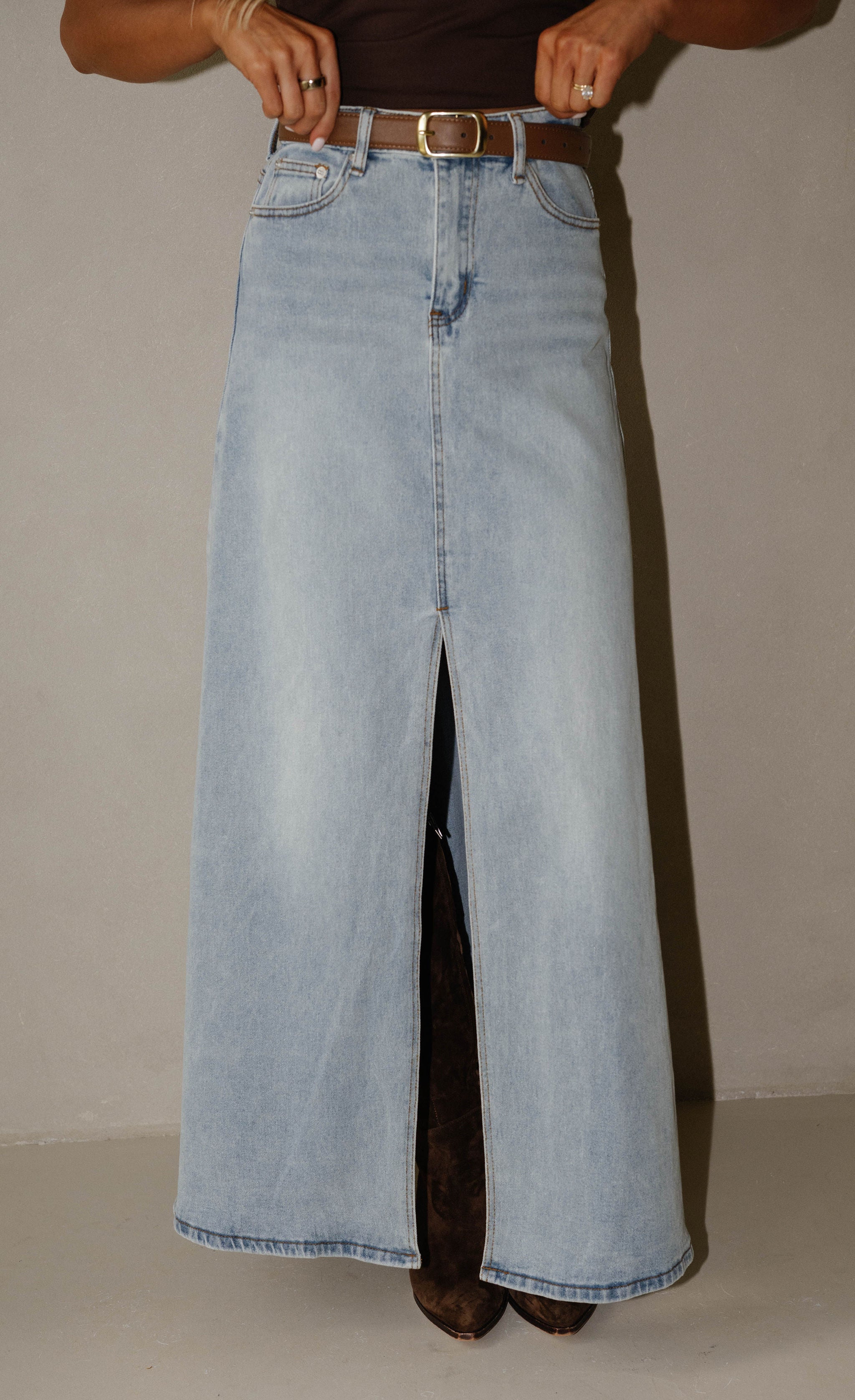 Split Hem Denim Maxi Skirt