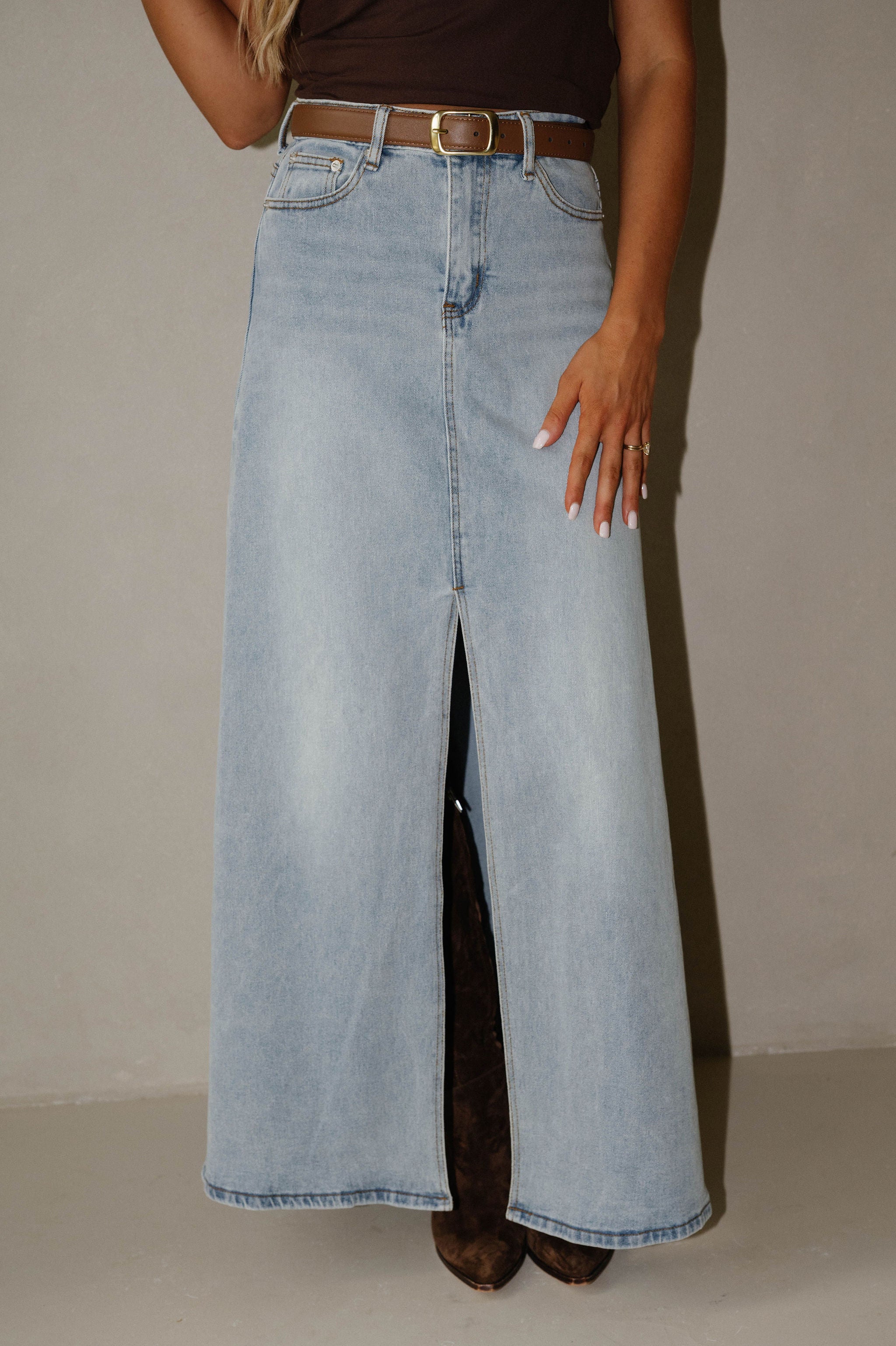Split Hem Denim Maxi Skirt