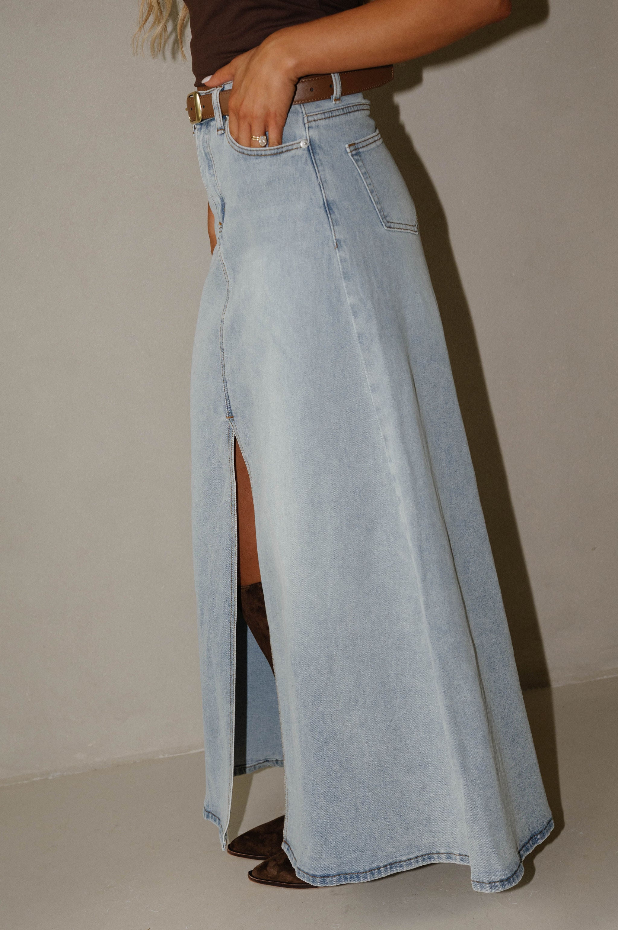 Split Hem Denim Maxi Skirt