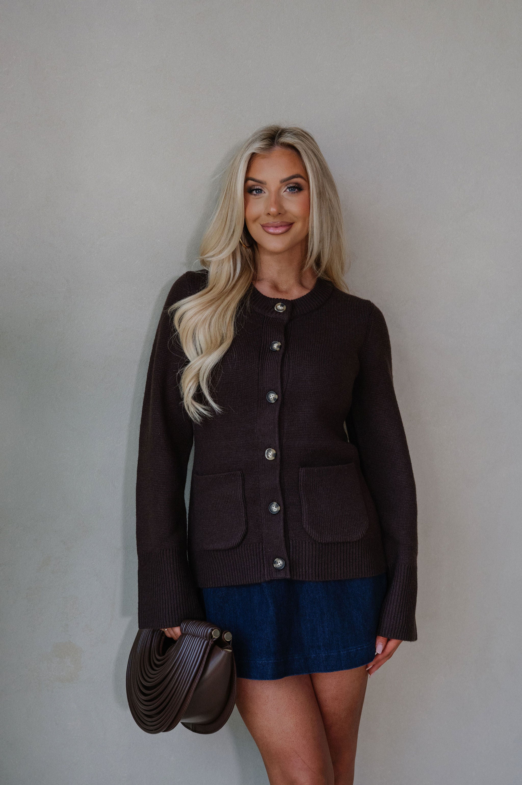 Bailee Knit Button Top-Brown