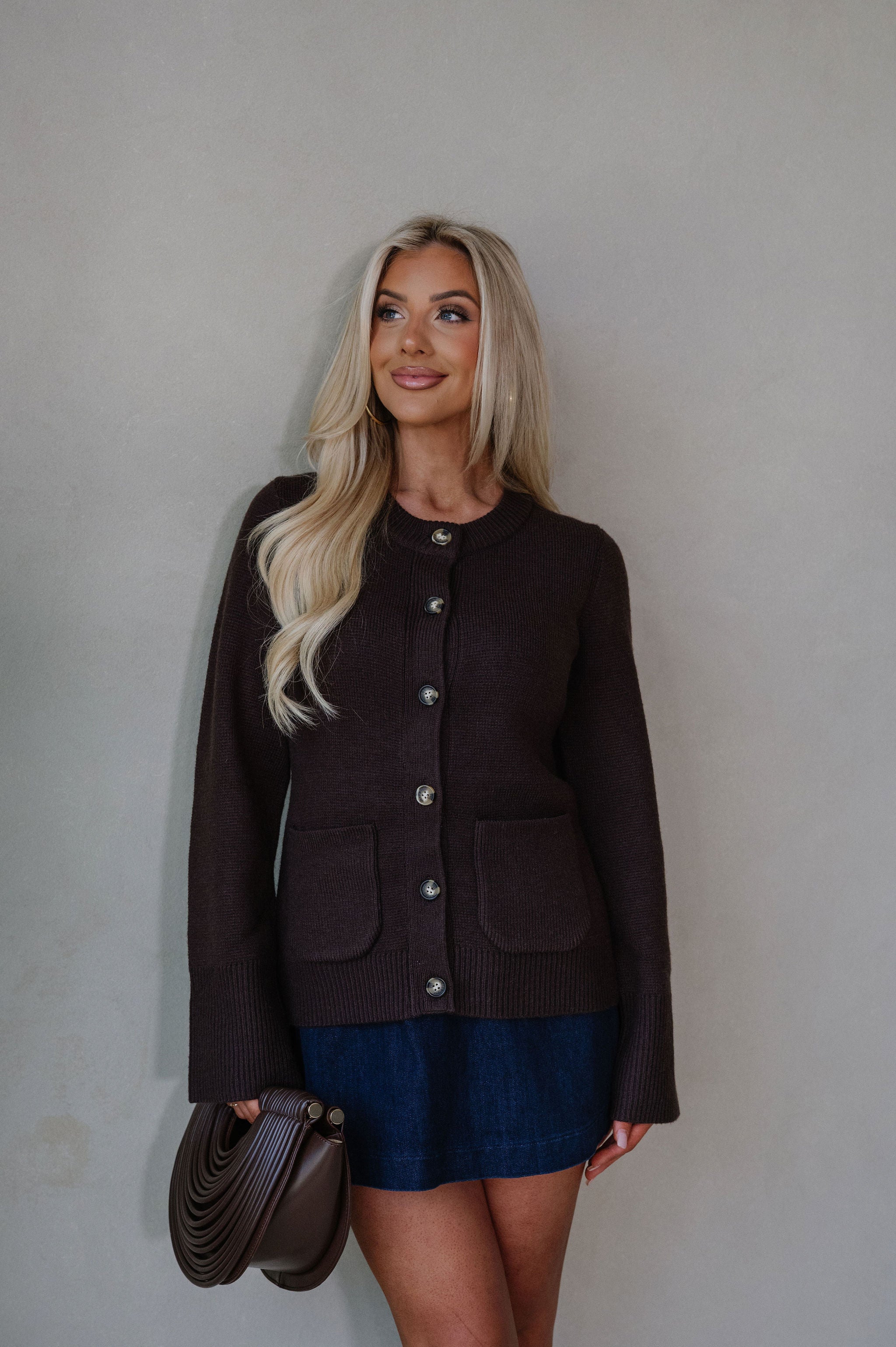Bailee Knit Button Top-Brown
