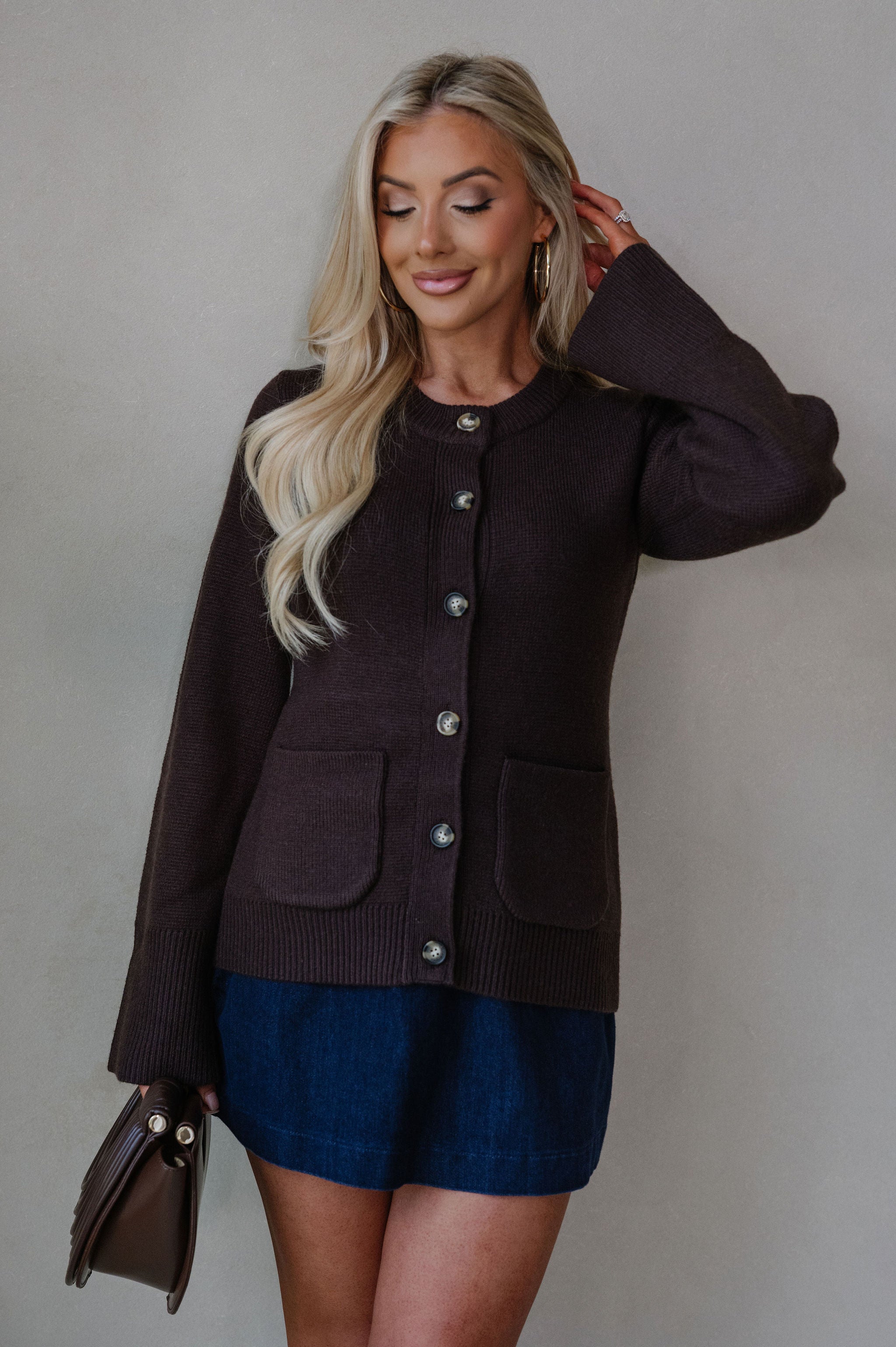 Bailee Knit Button Top-Brown