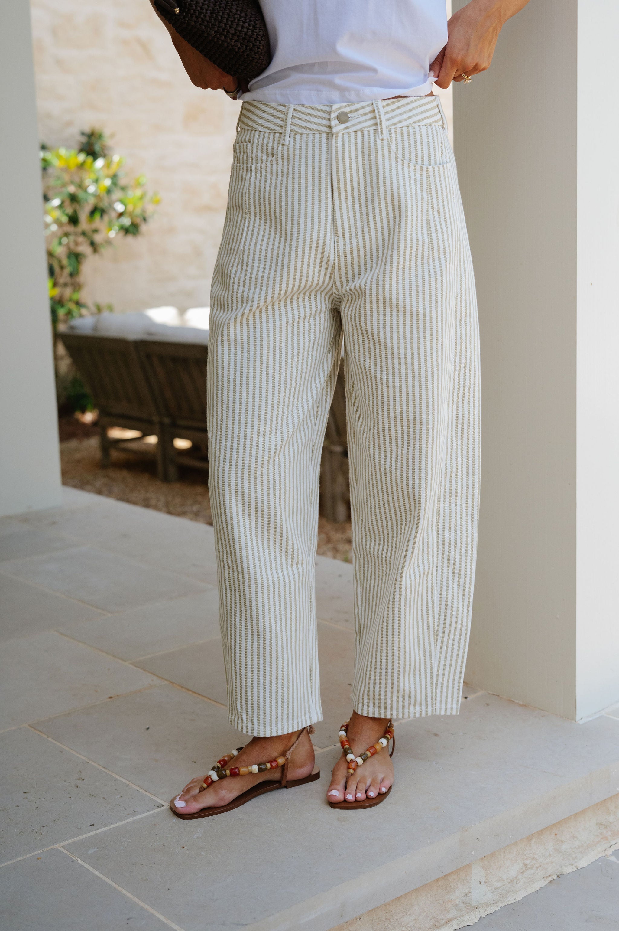 Emma Pinstriped Pattern Jeans-Beige