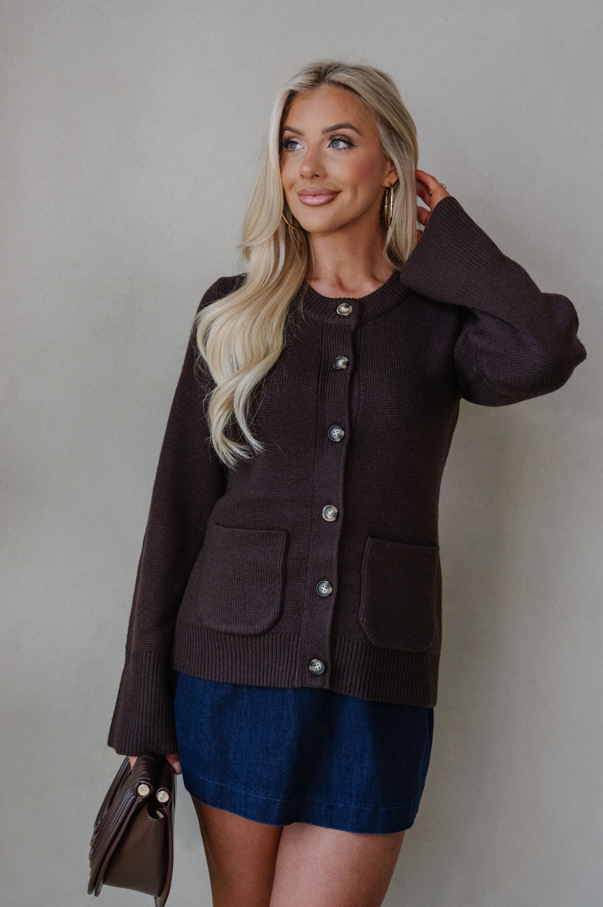 Bailee Knit Button Top-Brown