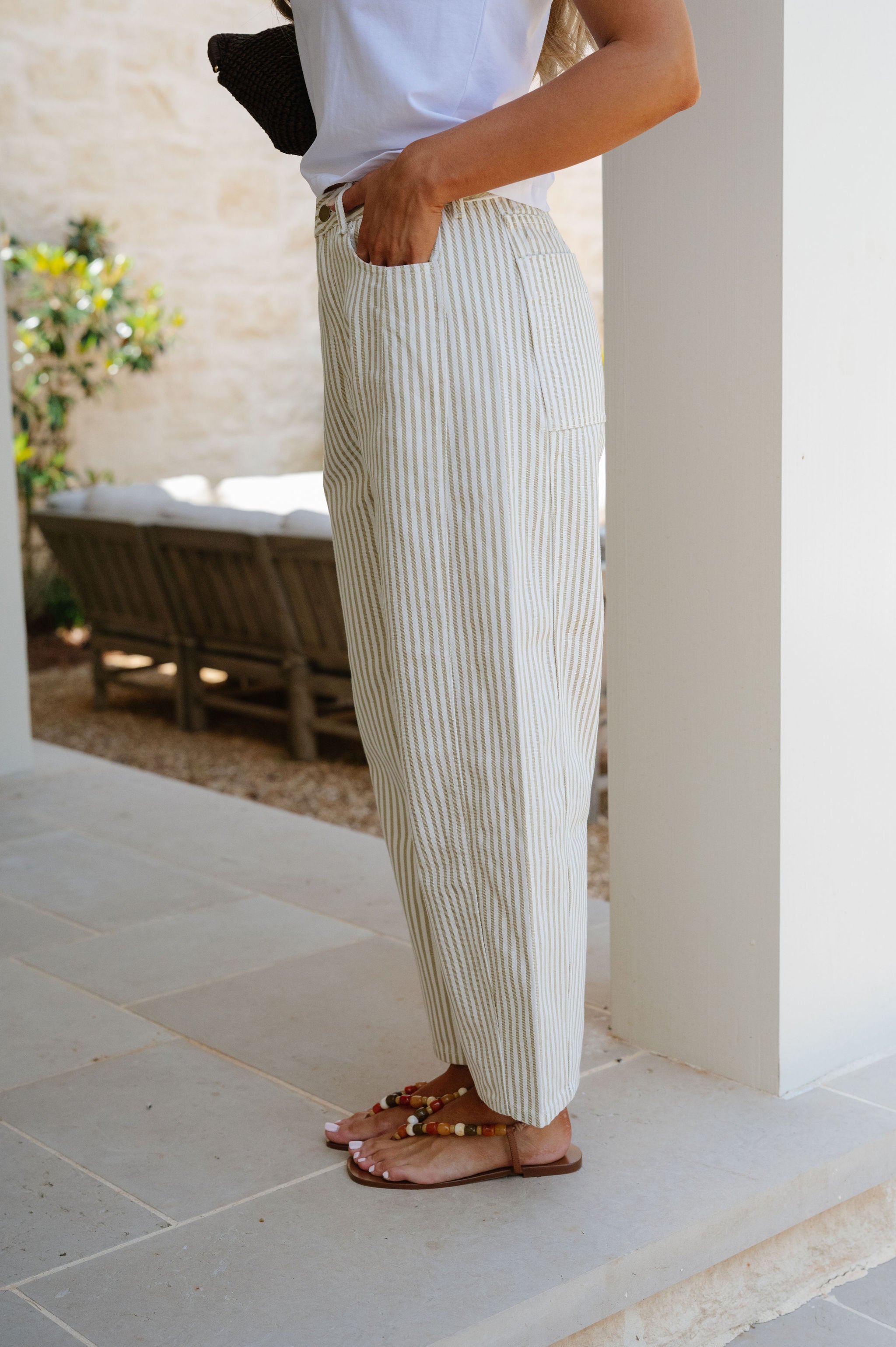 Emma Pinstriped Pattern Jeans-Beige