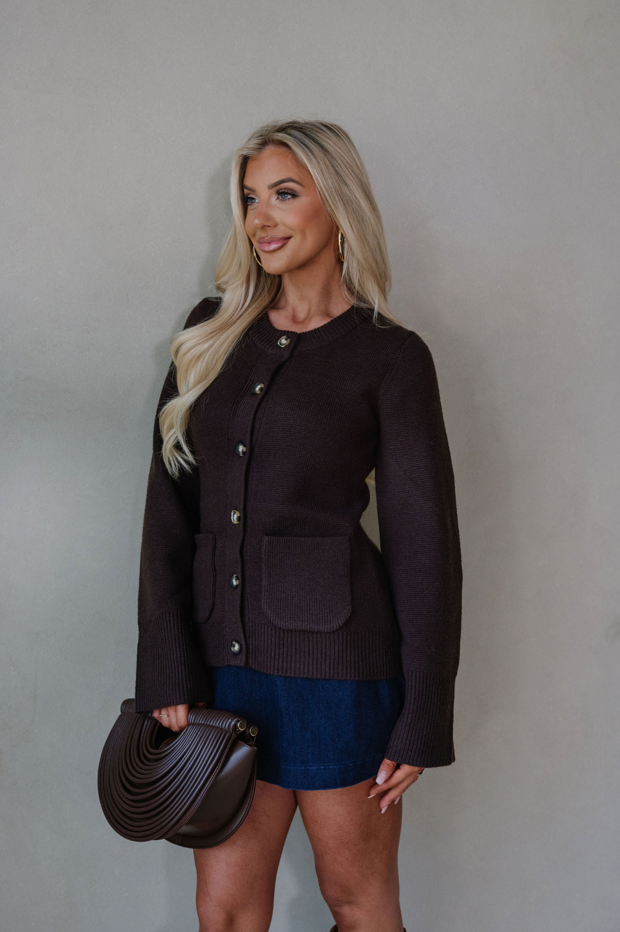Bailee Knit Button Top-Brown