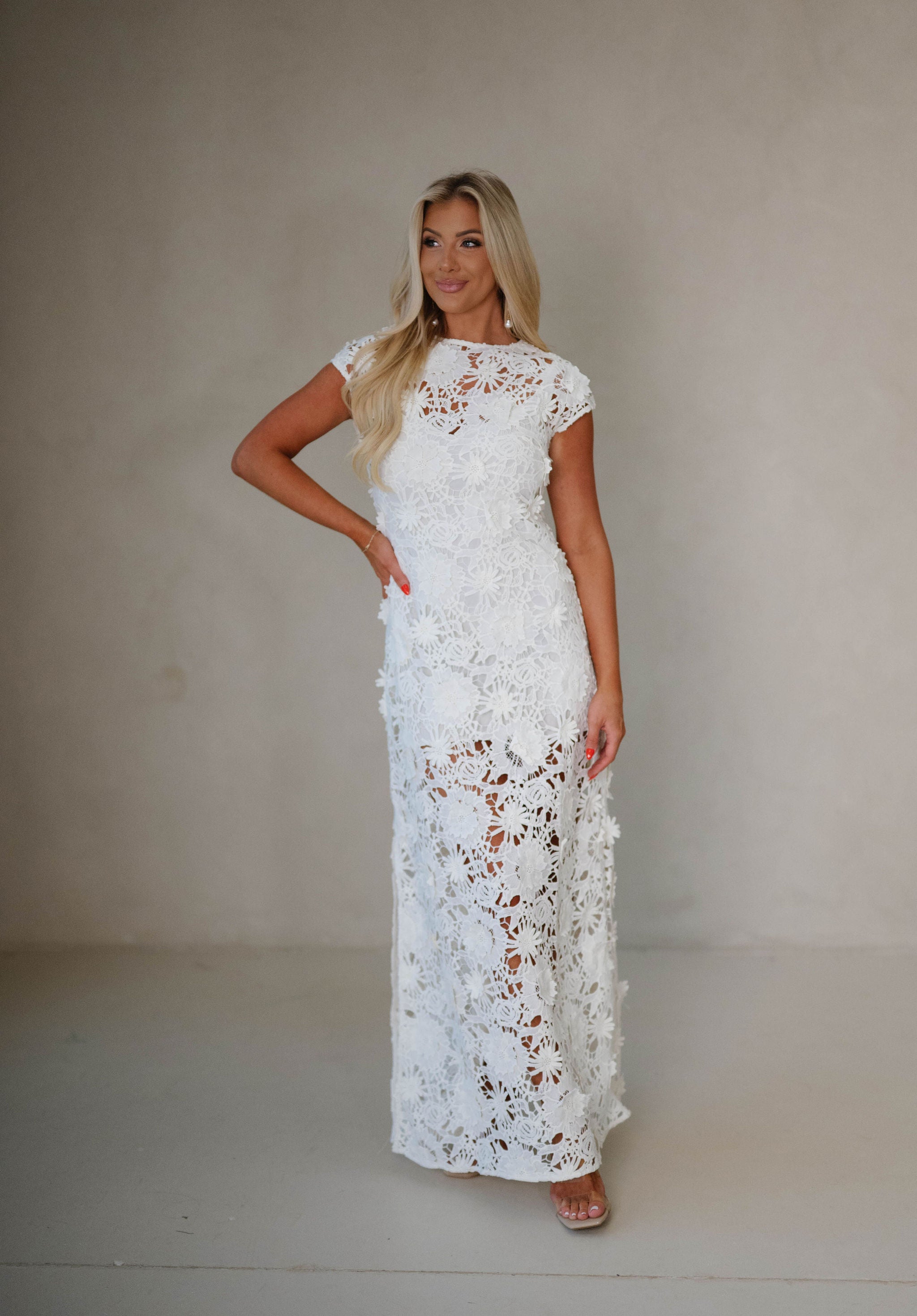 Joy Elegant Floral Lace Tie Waist Maxi Dress-Cream