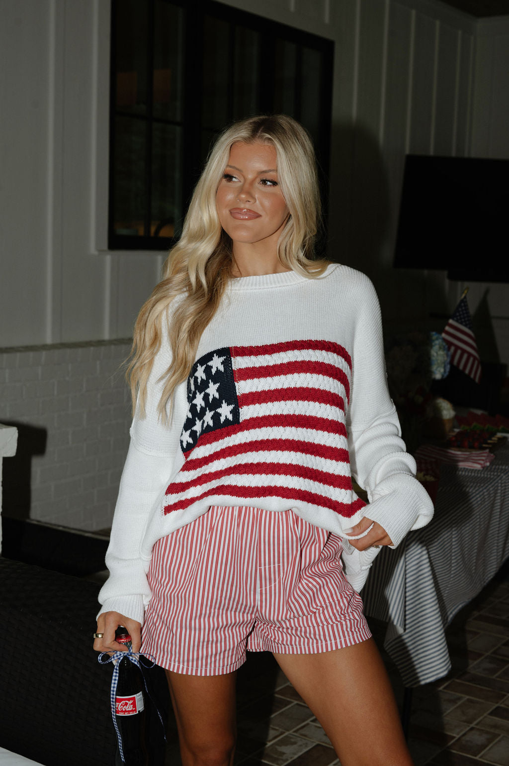 Crochet American Flag Sweater-Ivory