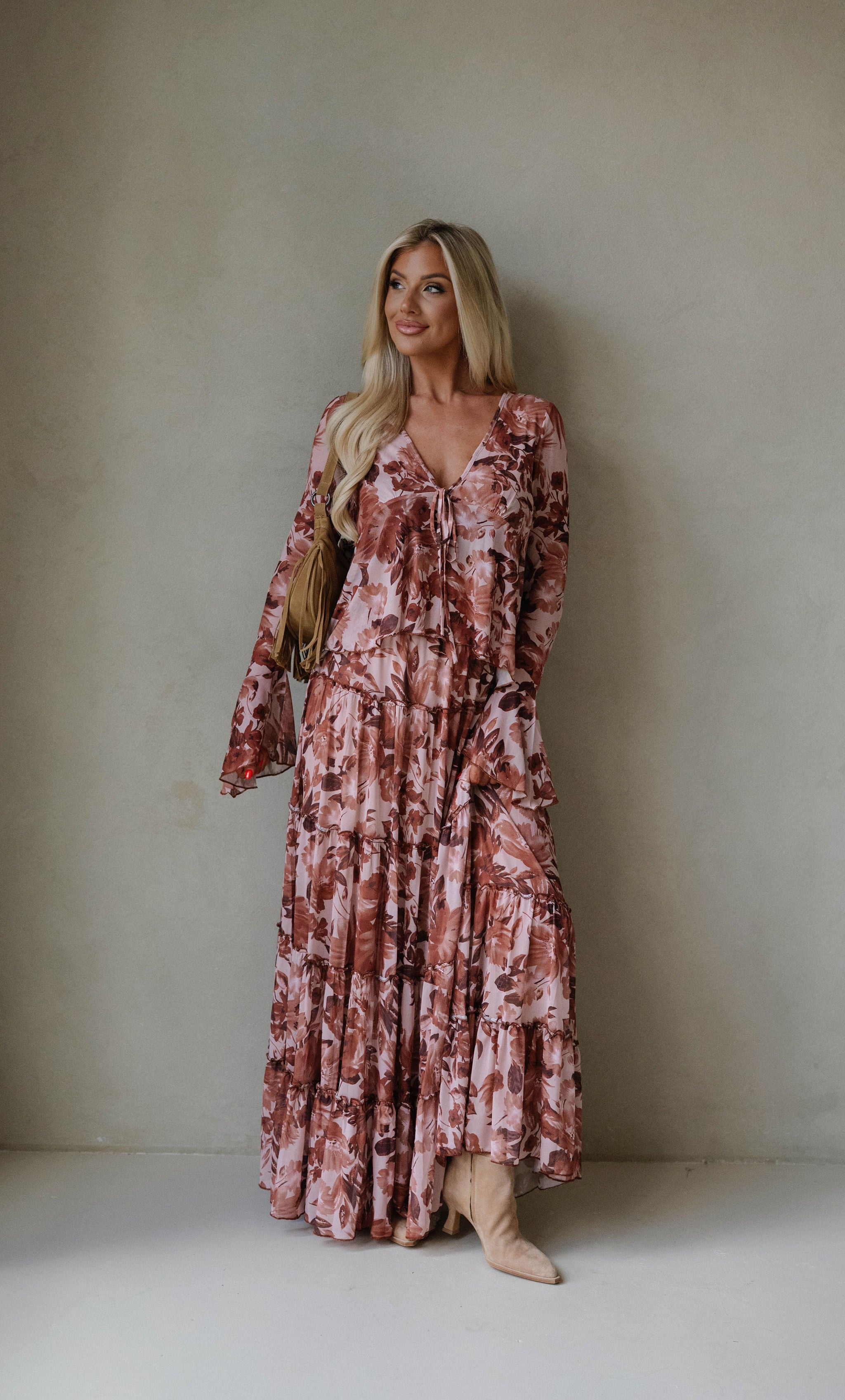 Fall Florals Maxi Skirt Set-Burnt Brown