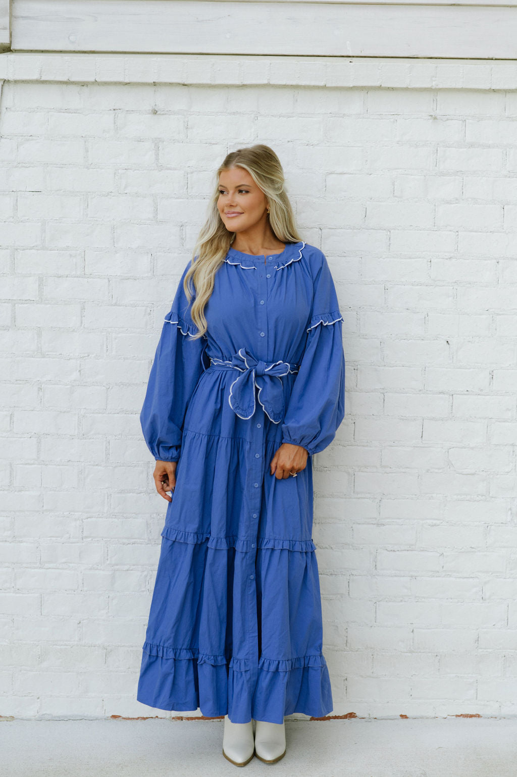 Ruffle Seam Maxi Dress-Blue