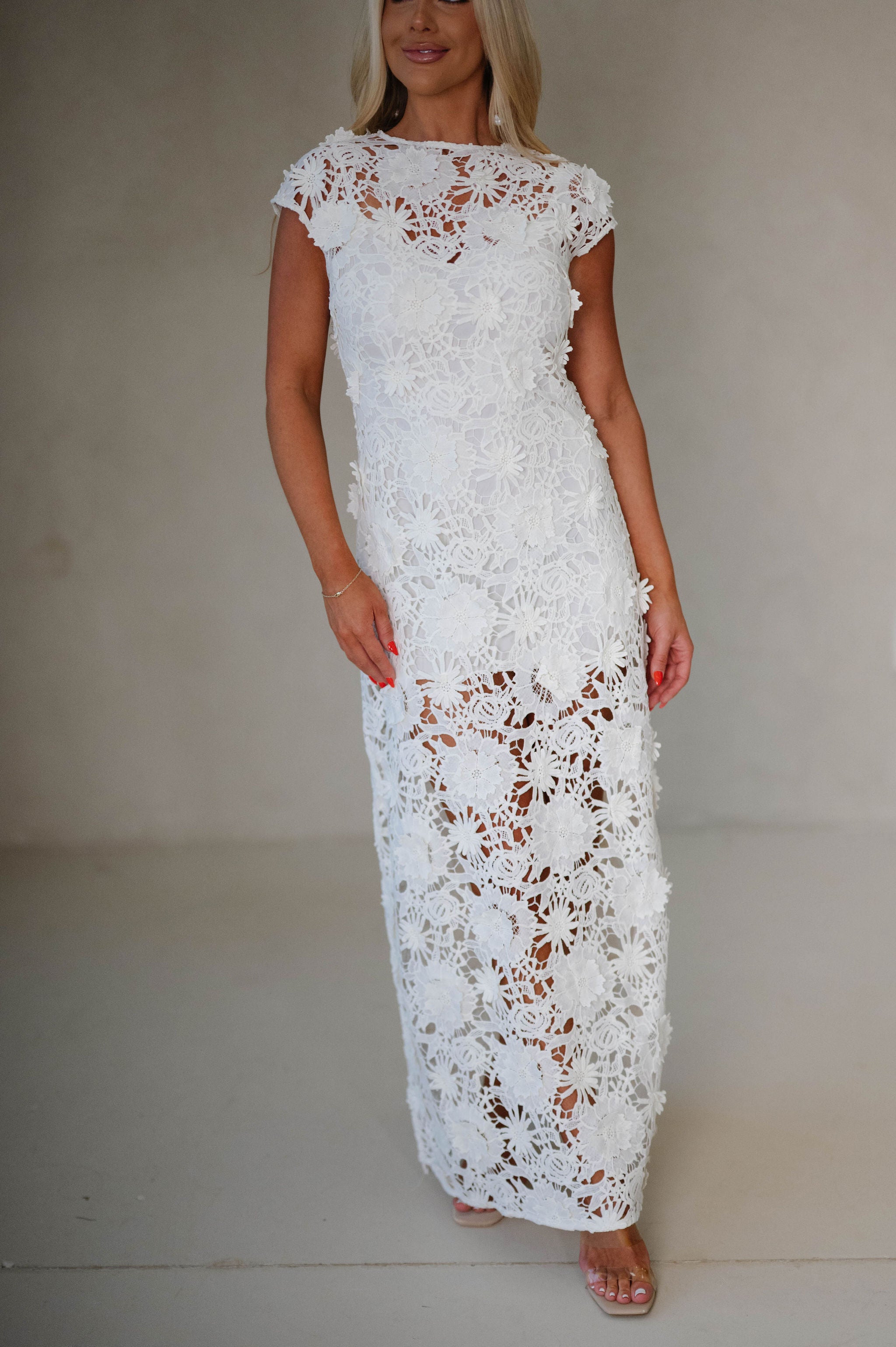 Joy Elegant Floral Lace Tie Waist Maxi Dress-Cream