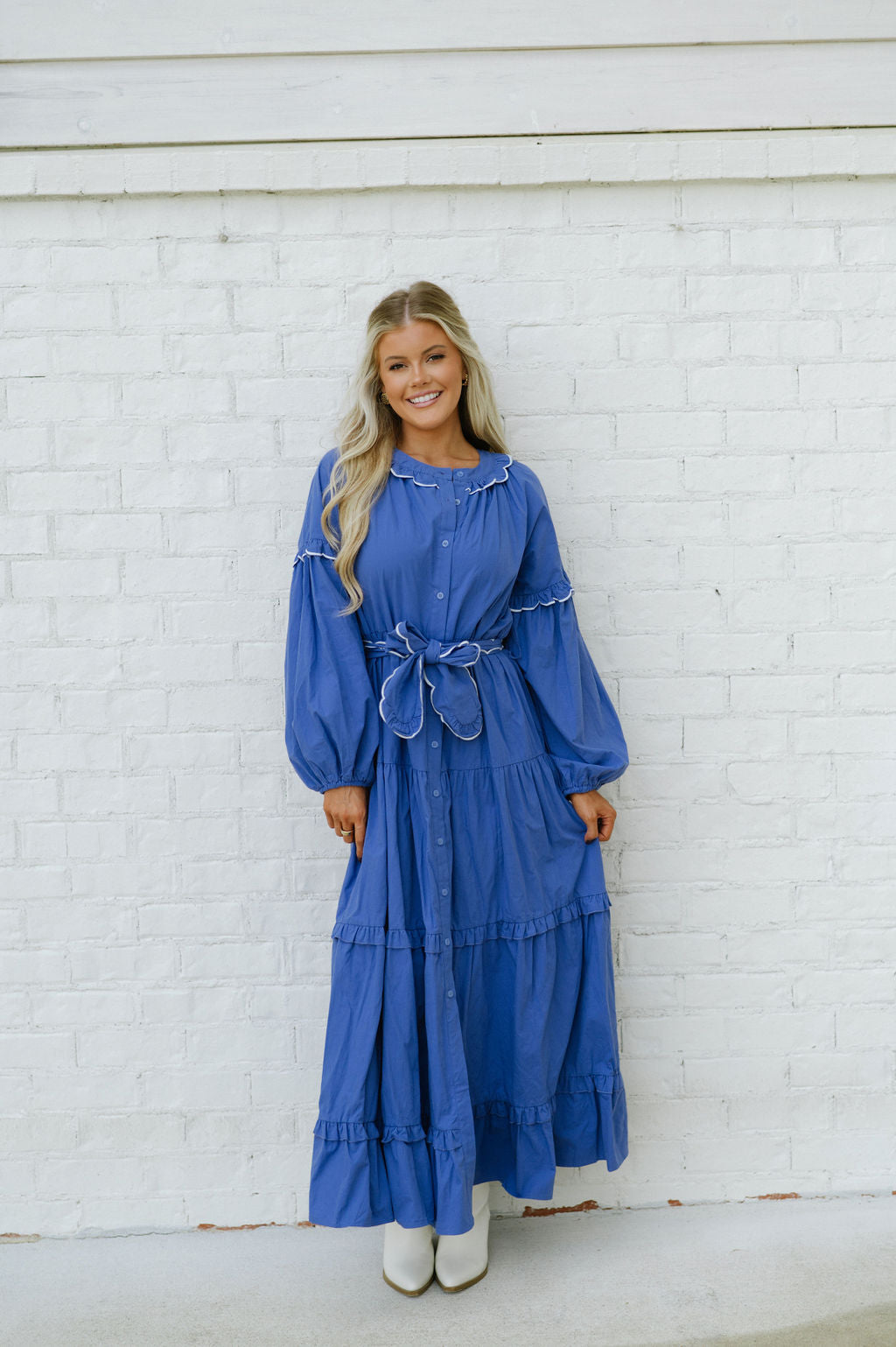 Ruffle Seam Maxi Dress-Blue