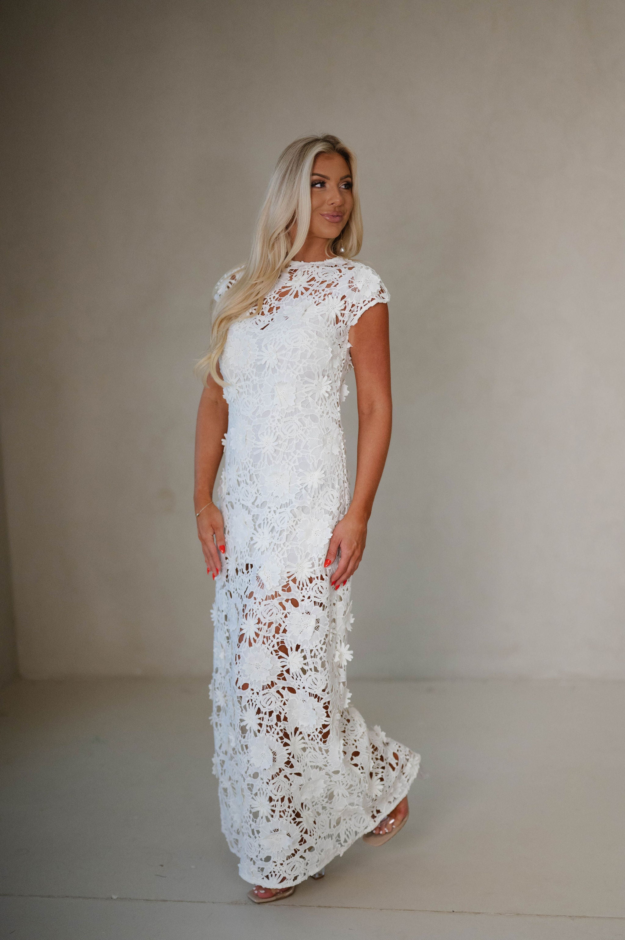 Joy Elegant Floral Lace Tie Waist Maxi Dress-Cream