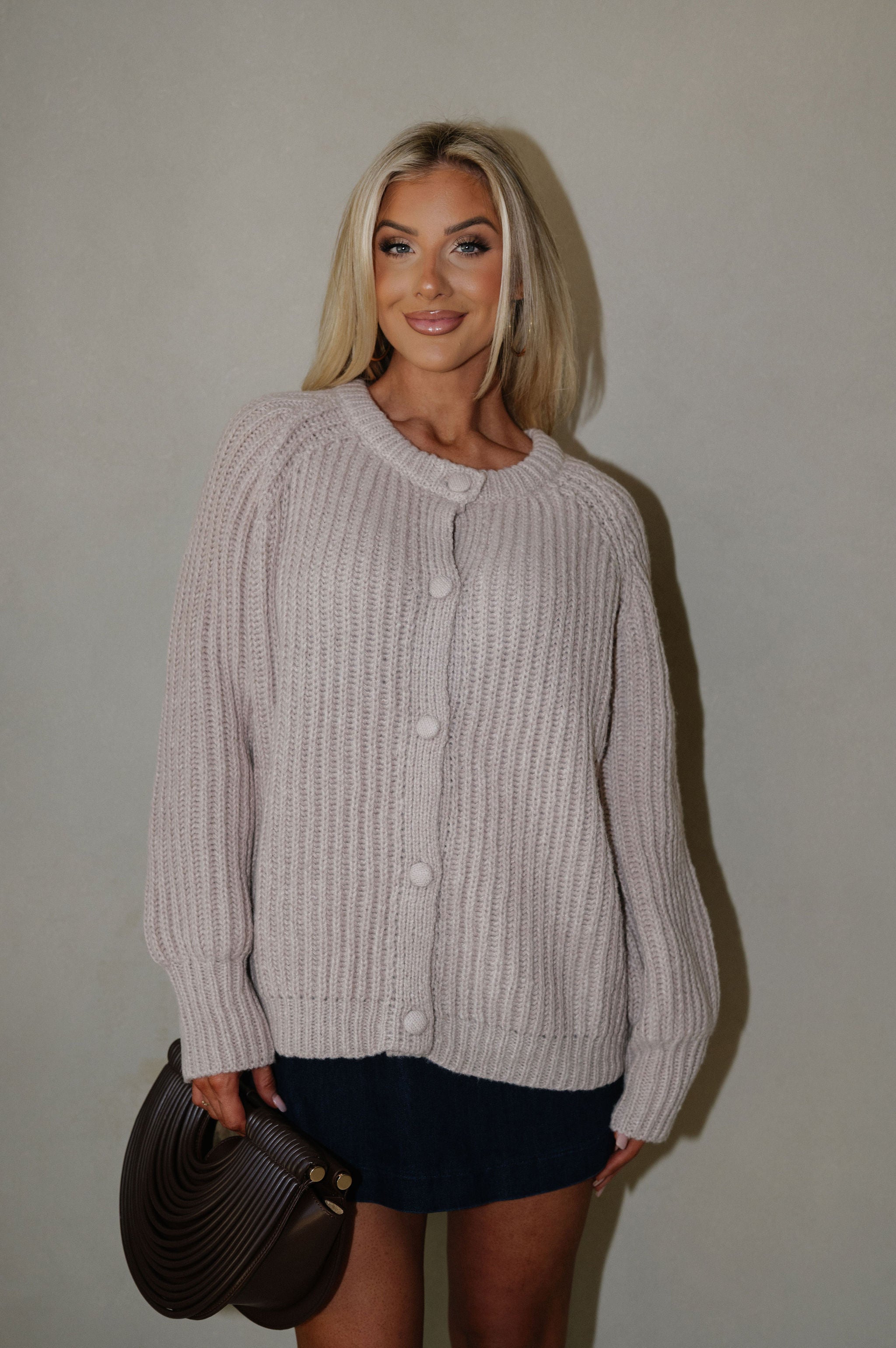 Sara Button Up Cardigan-Taupe