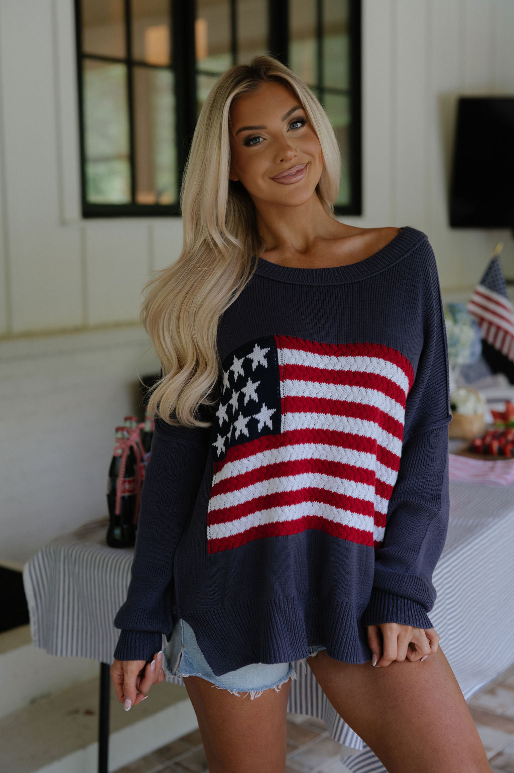 Crochet American Flag Sweater-Charcoal