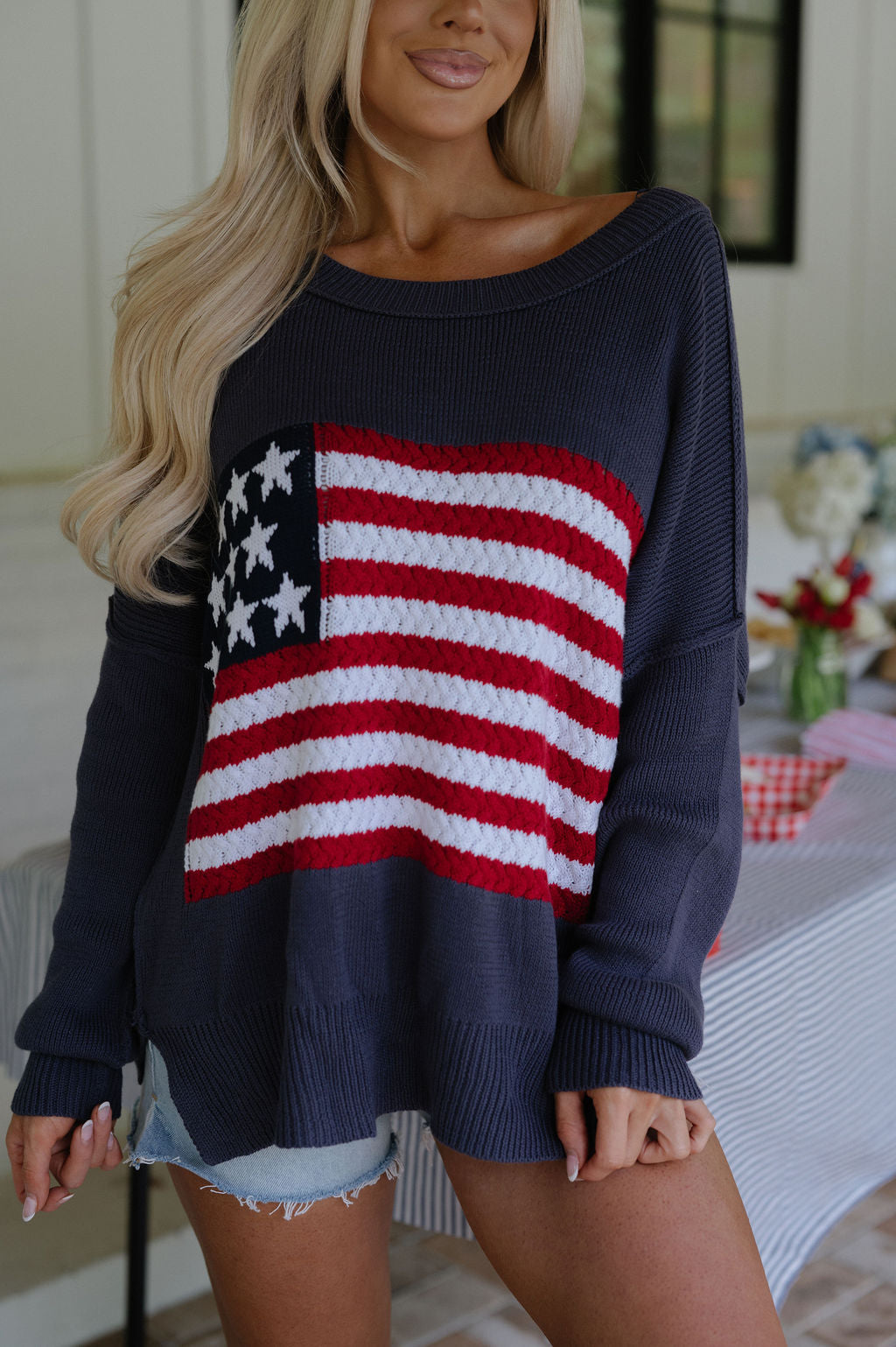 Crochet American Flag Sweater-Charcoal