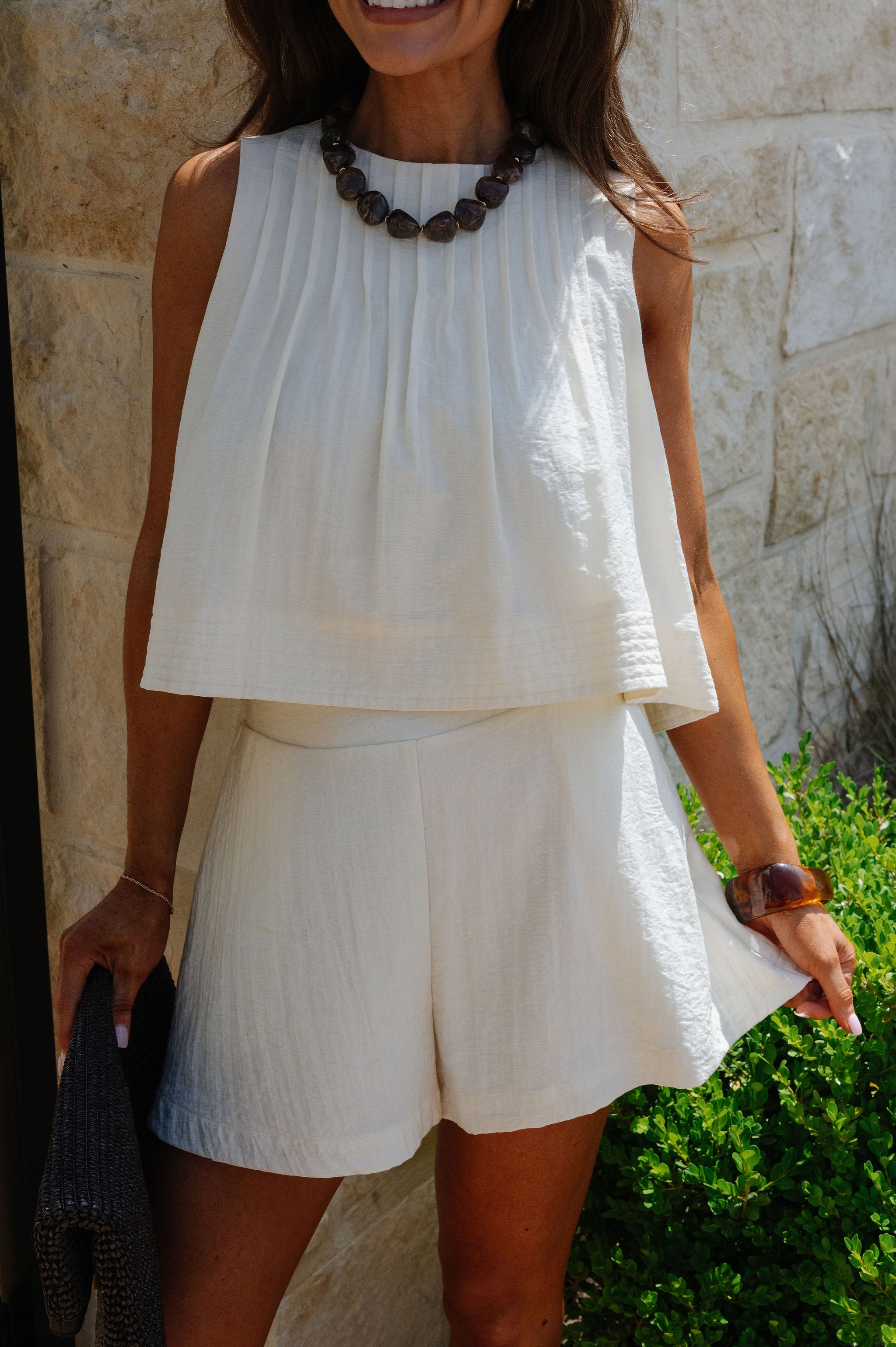 Maggie Pleated Short Set-Cream