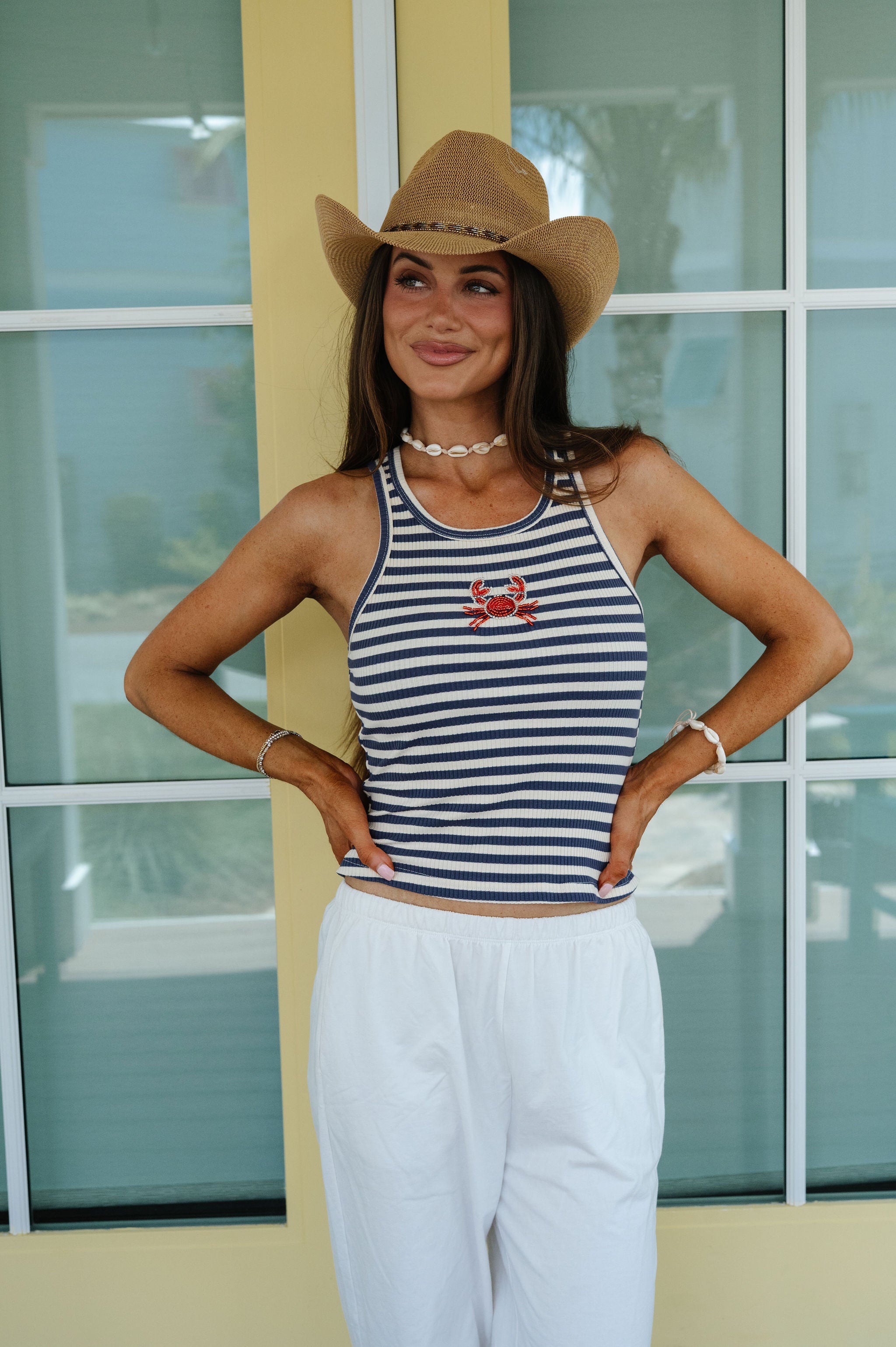 Jess Crabby Beaded Tank-Navy/Ivory