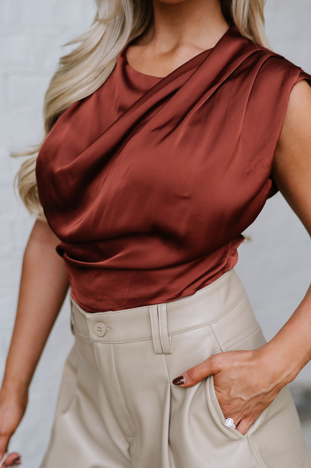 Cowl Neck Satin Top-Copper Red