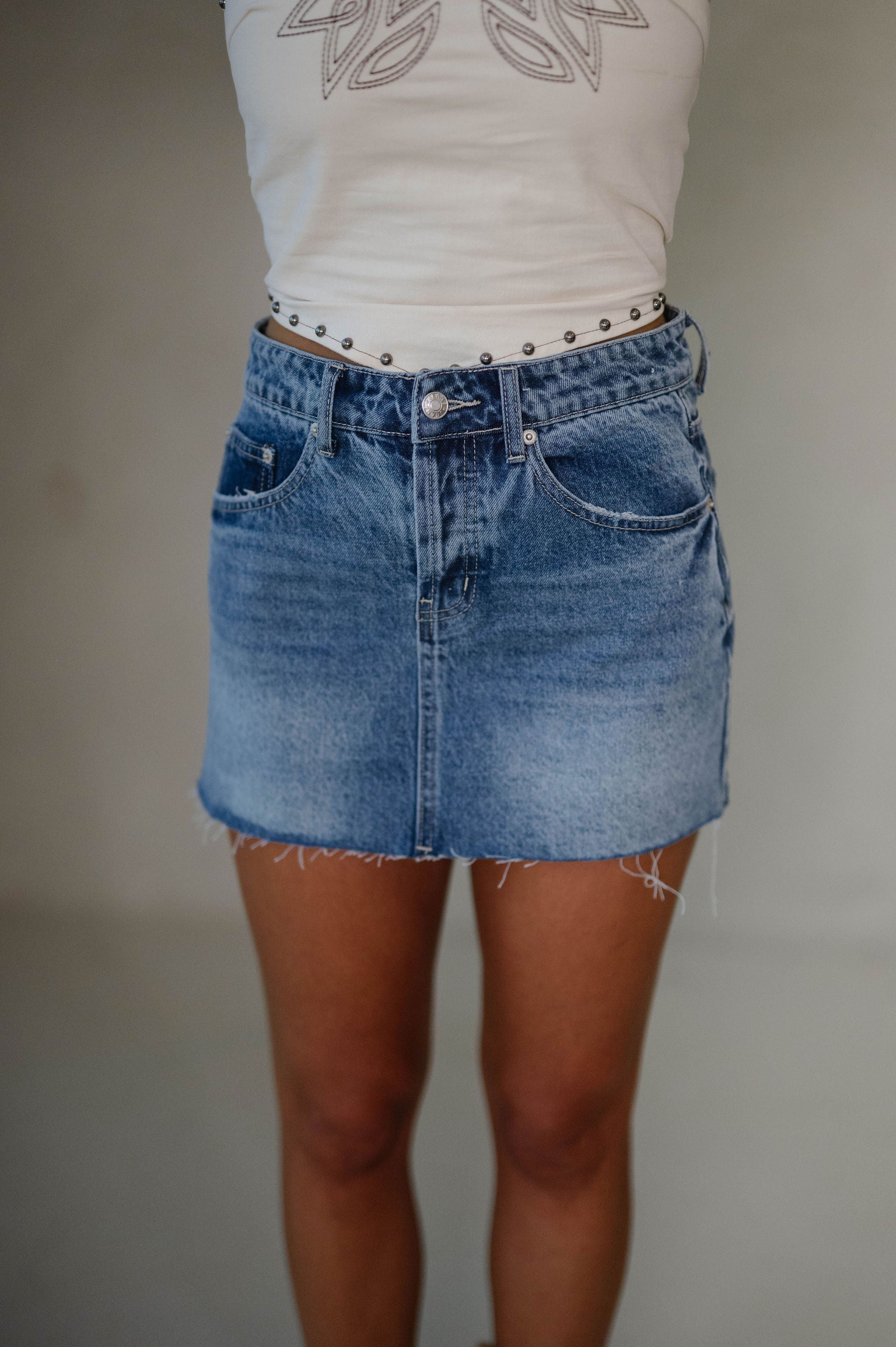 Jane Distressed Mini Skirt-Medium Denim