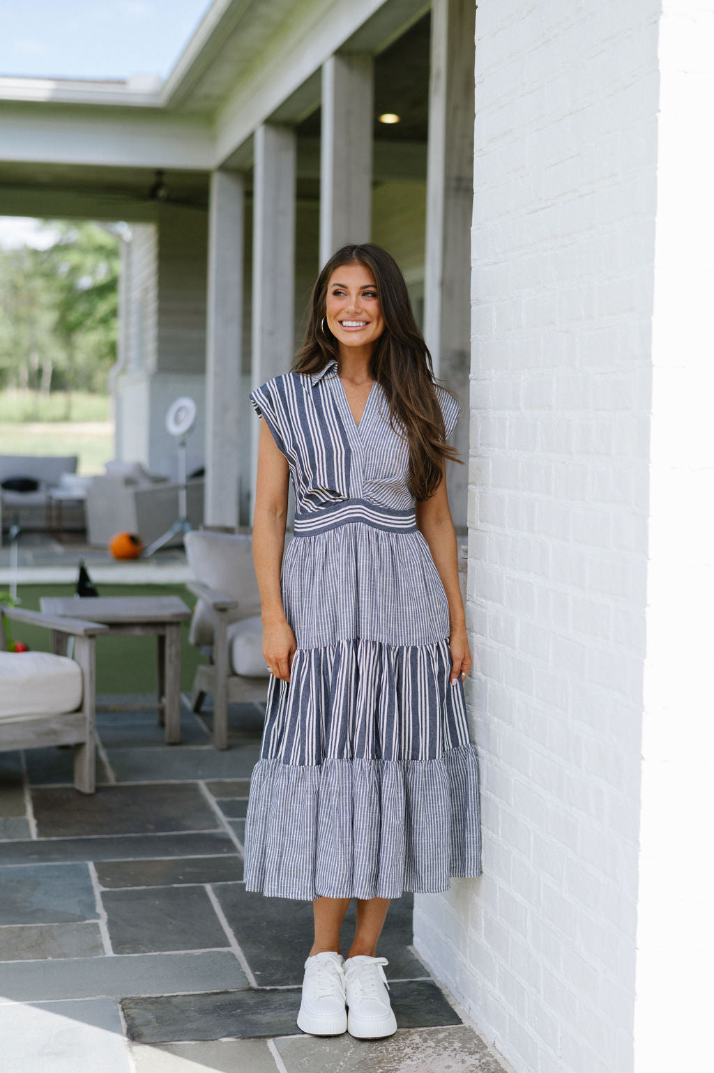 Colston Striped Midi Dress-Denim/Off White