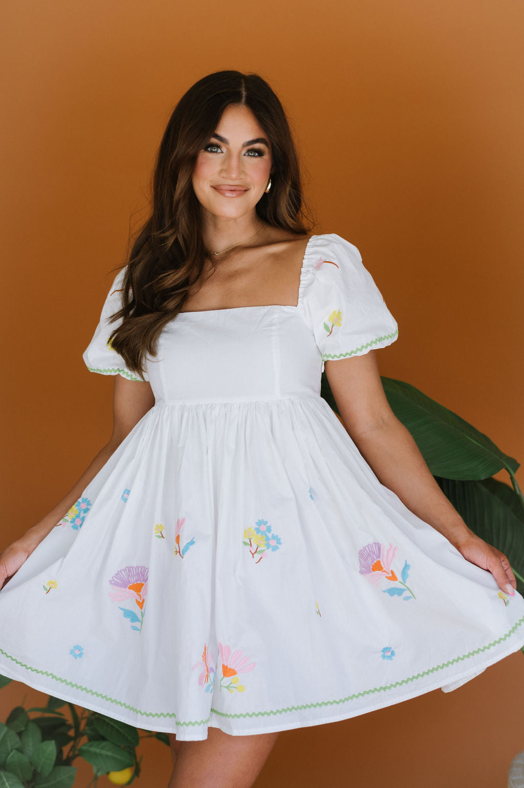 Embroidered Floral Babydoll Dress-Off White