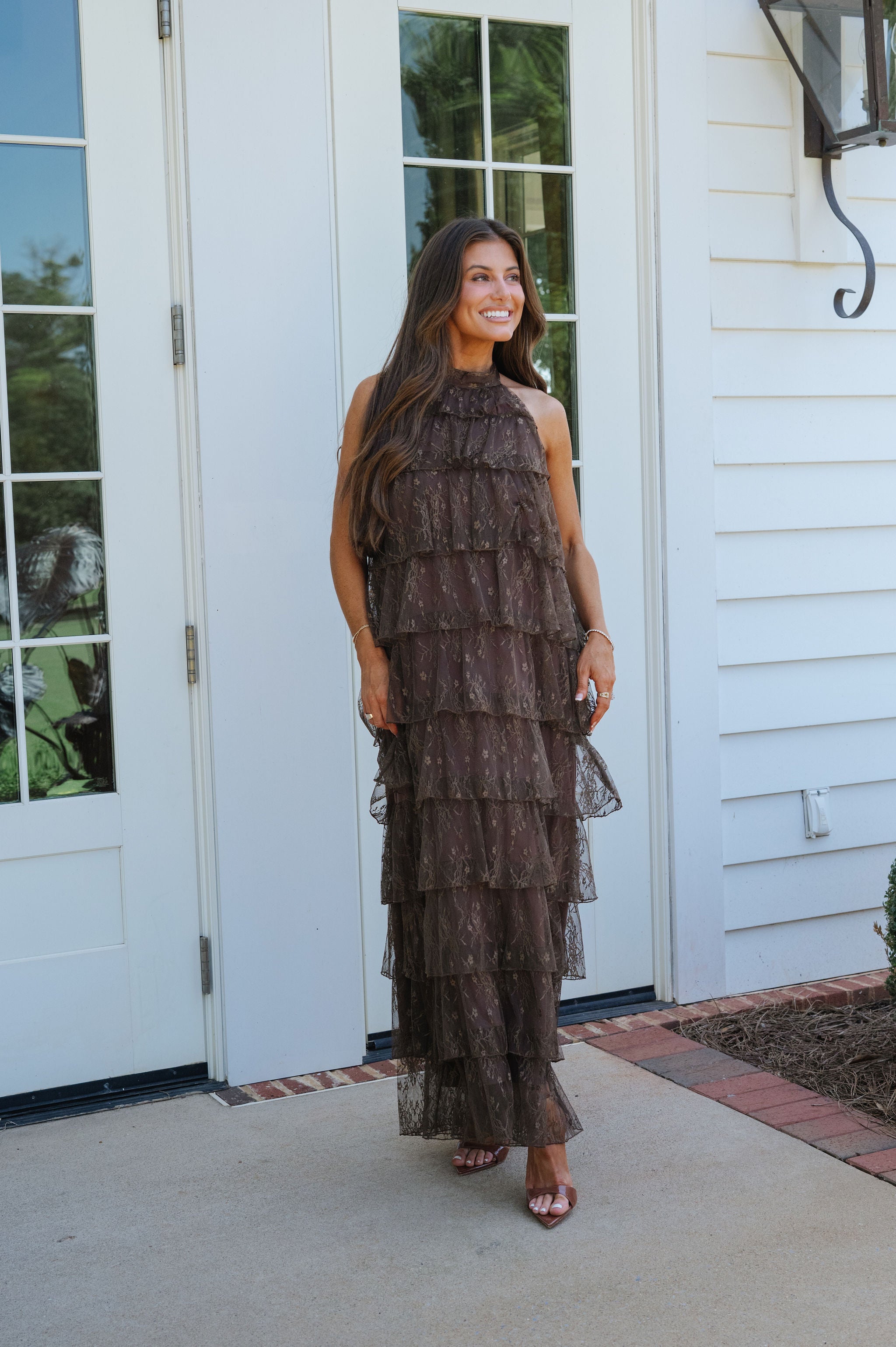 Ally Lace Tiered Halter Maxi Dress-Brown