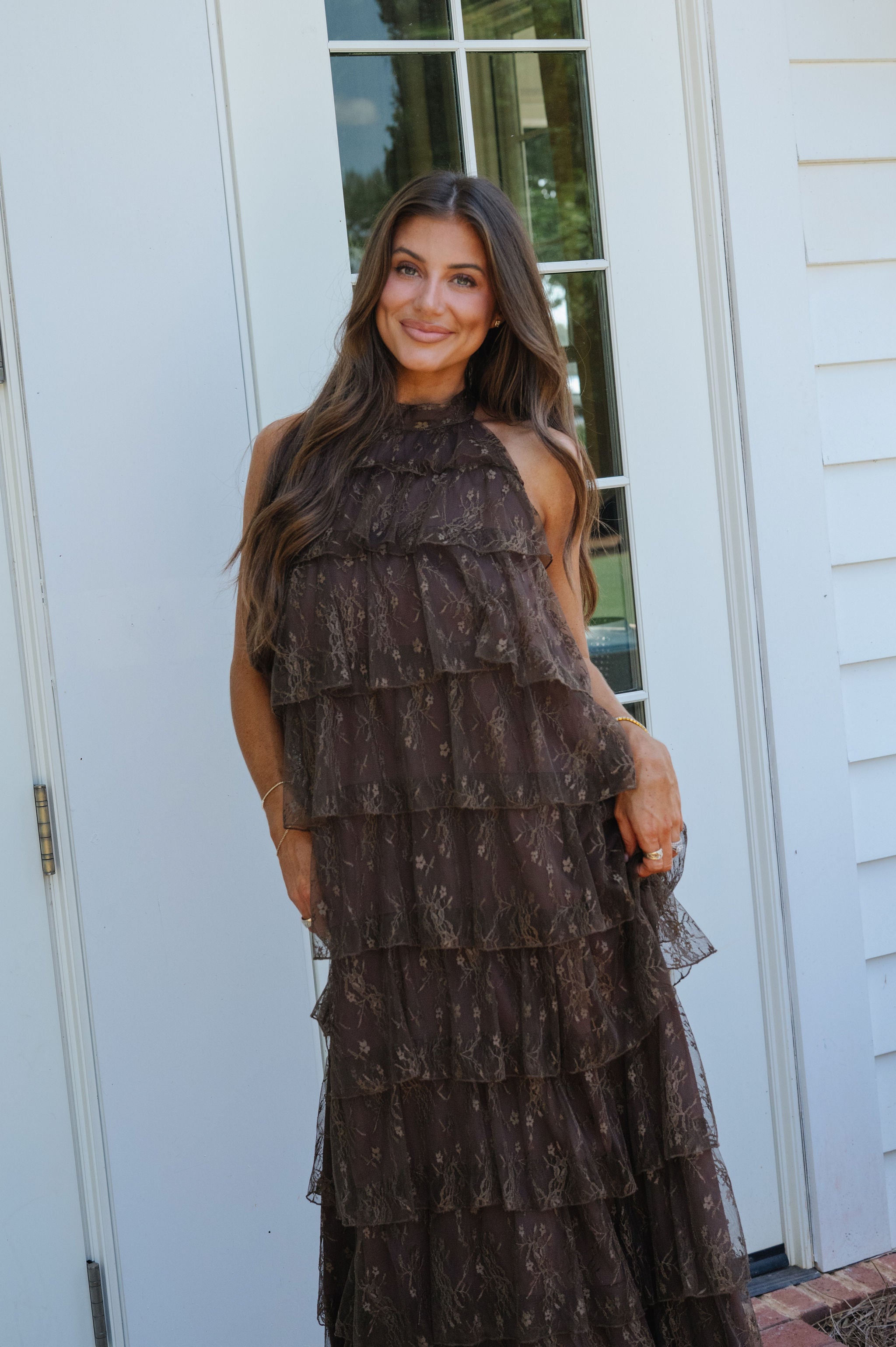 Ally Lace Tiered Halter Maxi Dress-Brown